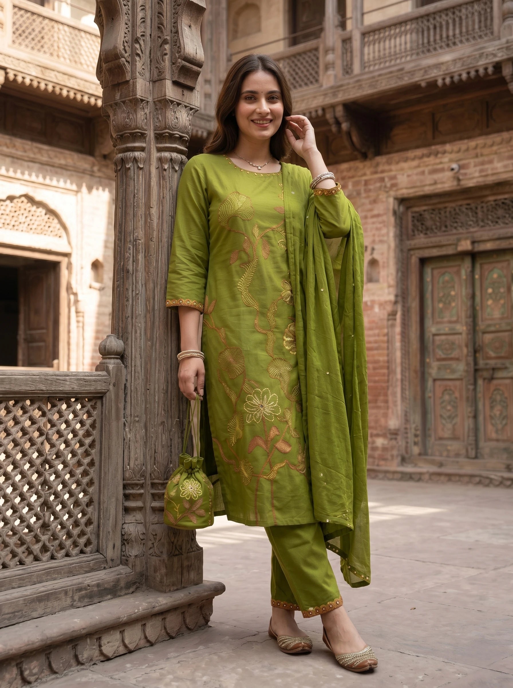 OLIVE FLORA THREADWORK SUIT SET