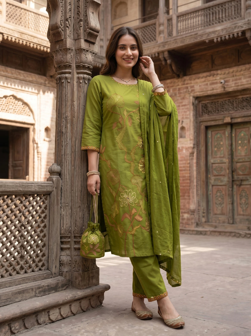 OLIVE FLORA THREADWORK MUL COTTON SUIT WITH DUPATTA