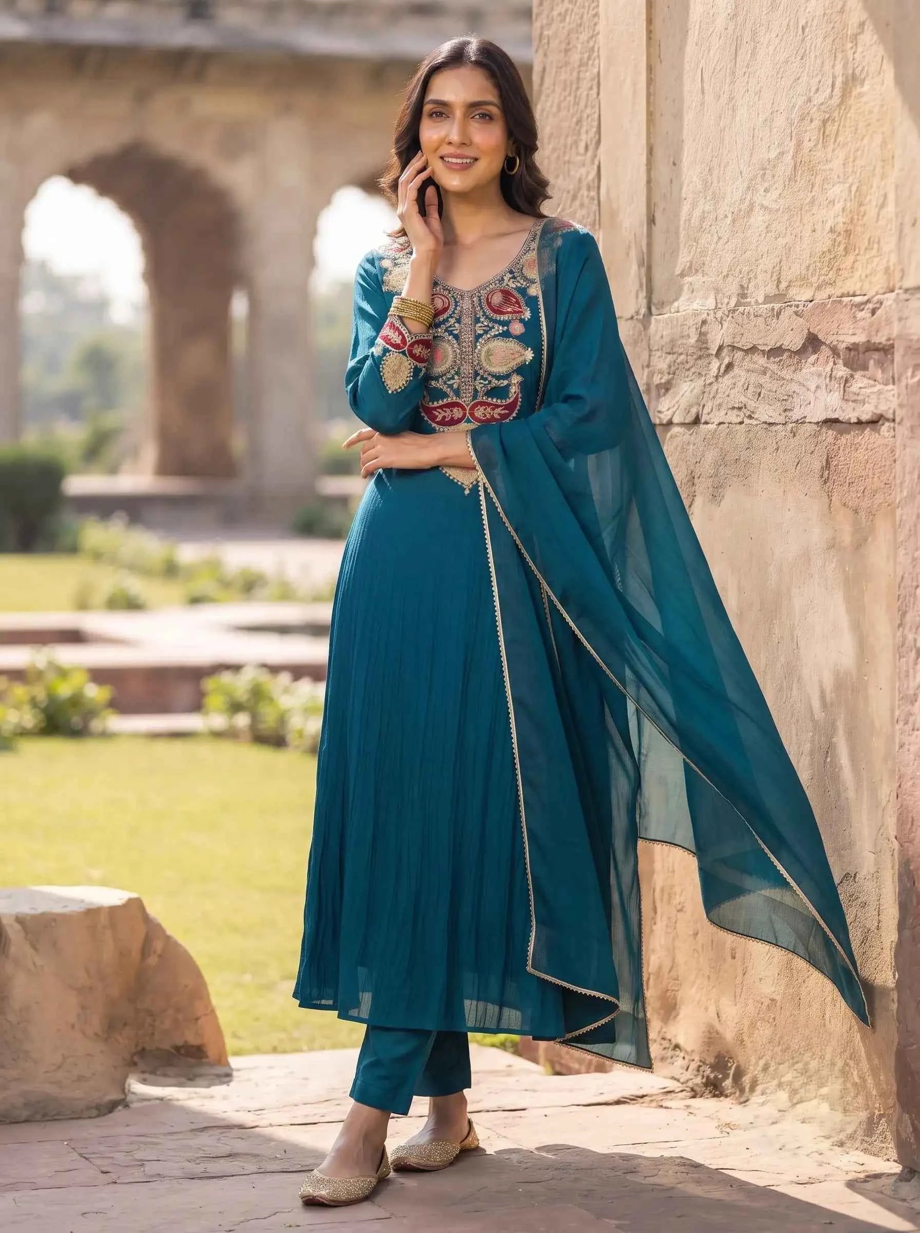 PEACOCK BLUE TRADITIONAL MOTIF FESTIVE DESIGNER BANARSI MUL CHANDERI SUIT