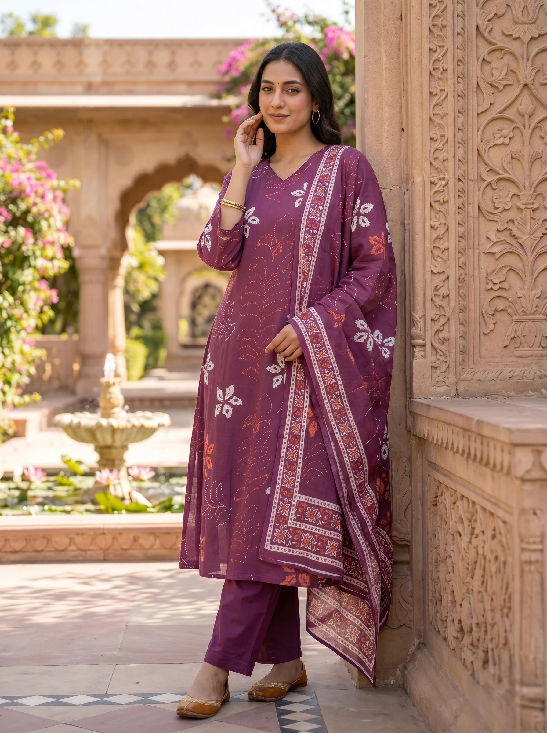 WINE FLORAL MUL COTTON SUIT SET