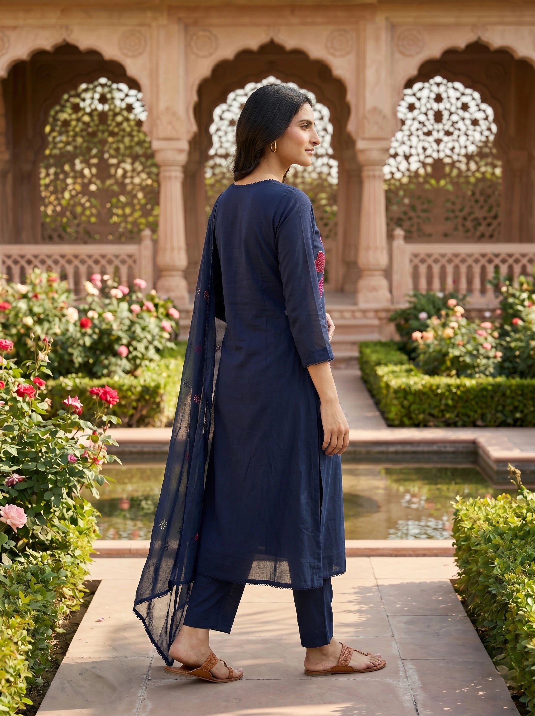 NAVY BLOSSOM THREADWORK MUL COTTON SUIT SET