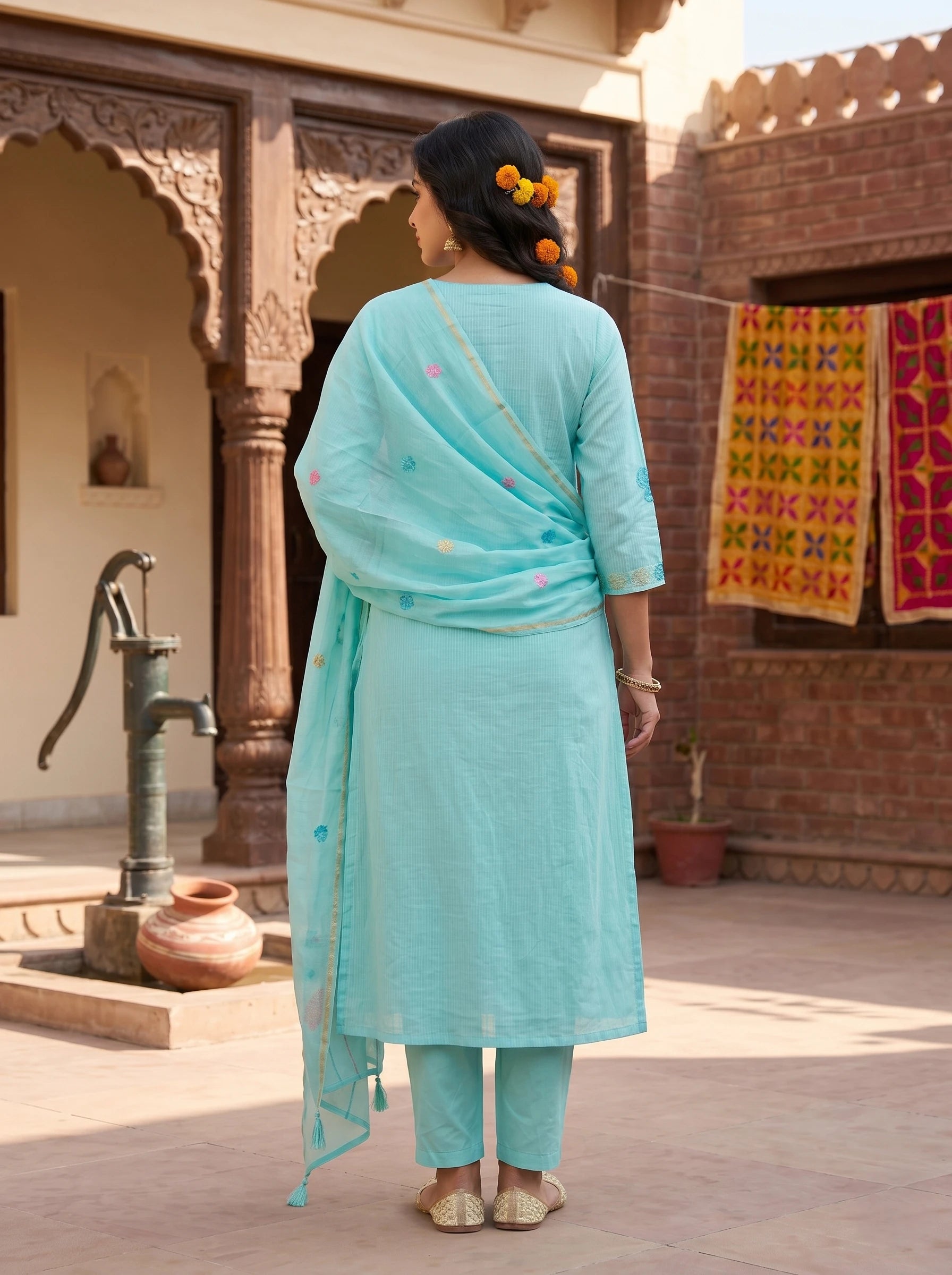 AQUA BLUE FLORAL EMBROIDERED SUIT SET