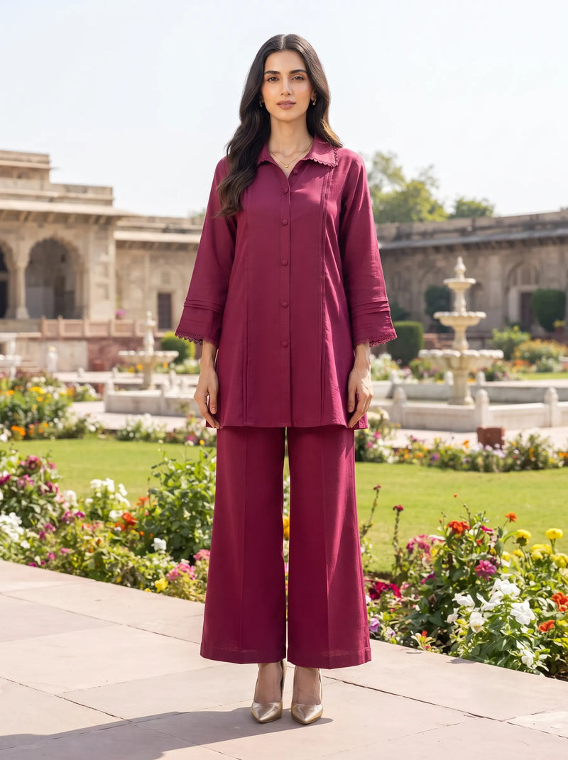WINE RED LACE TRIMMED PREMIUM WOMEN CASUAL EVERYDAY CO-ORD SET