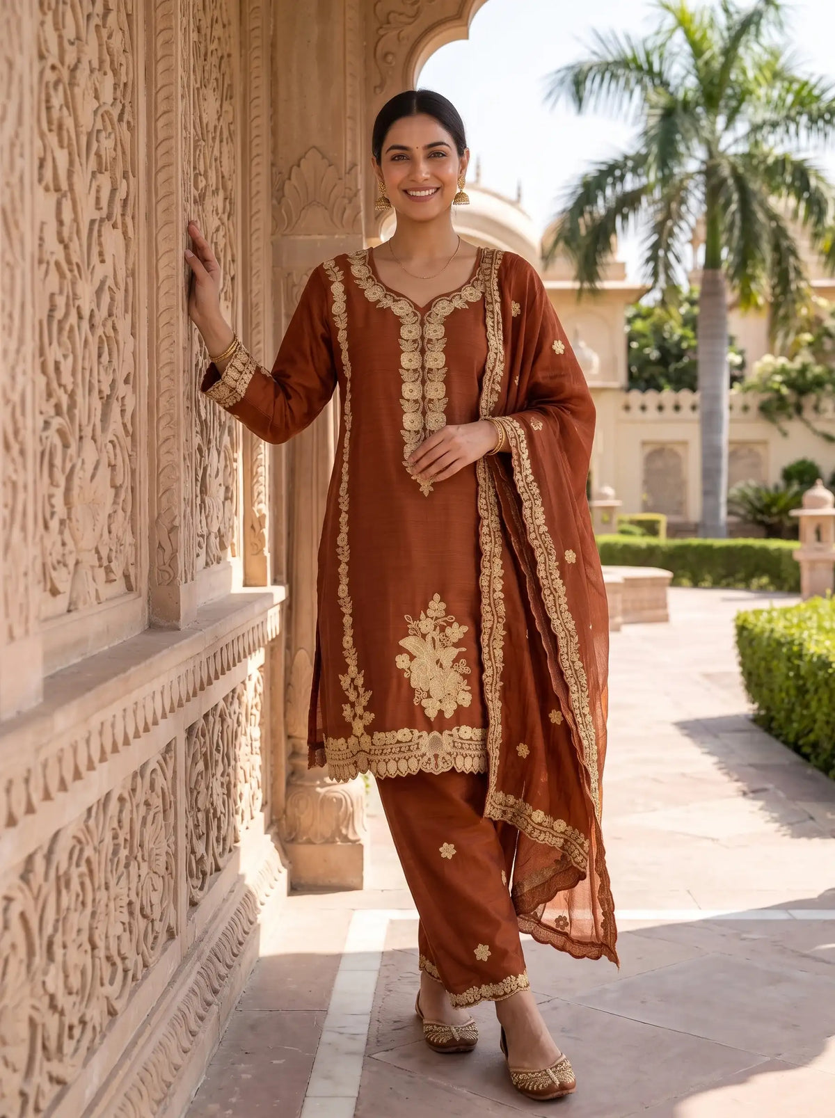 RUST BROWN HEAVY FLORAL EMBROIDERED FESTIVE SUIT SET