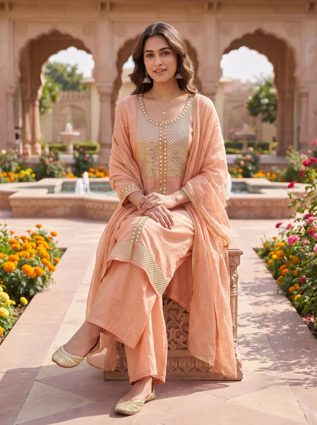 PEACH HEAVY STONE AND MIRROR WORK HAND EMBROIDERED SUIT SET