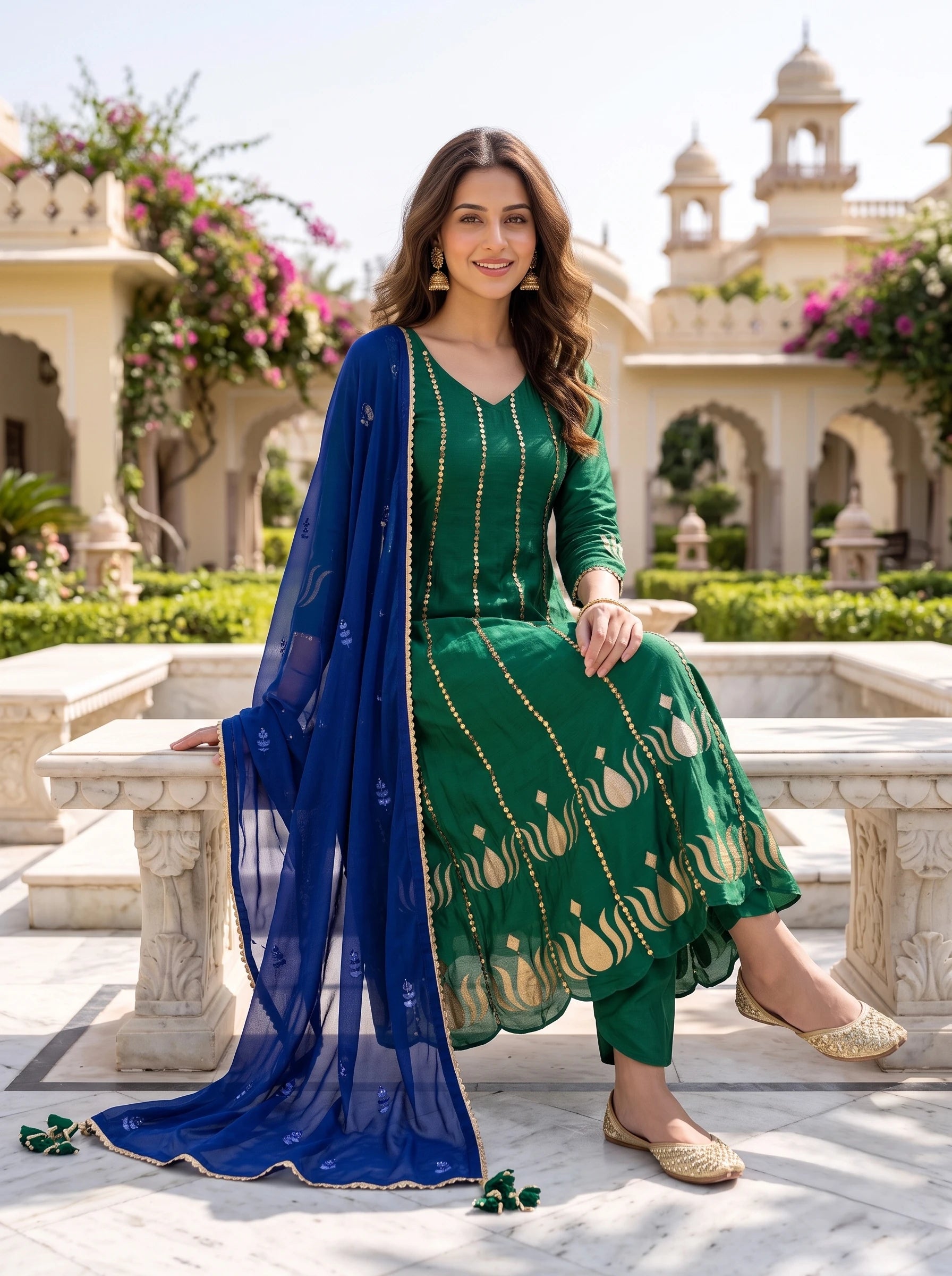 EMERALD GOLDEN FLORAL HAND EMBROIDERED DOLA SILK SUIT SET