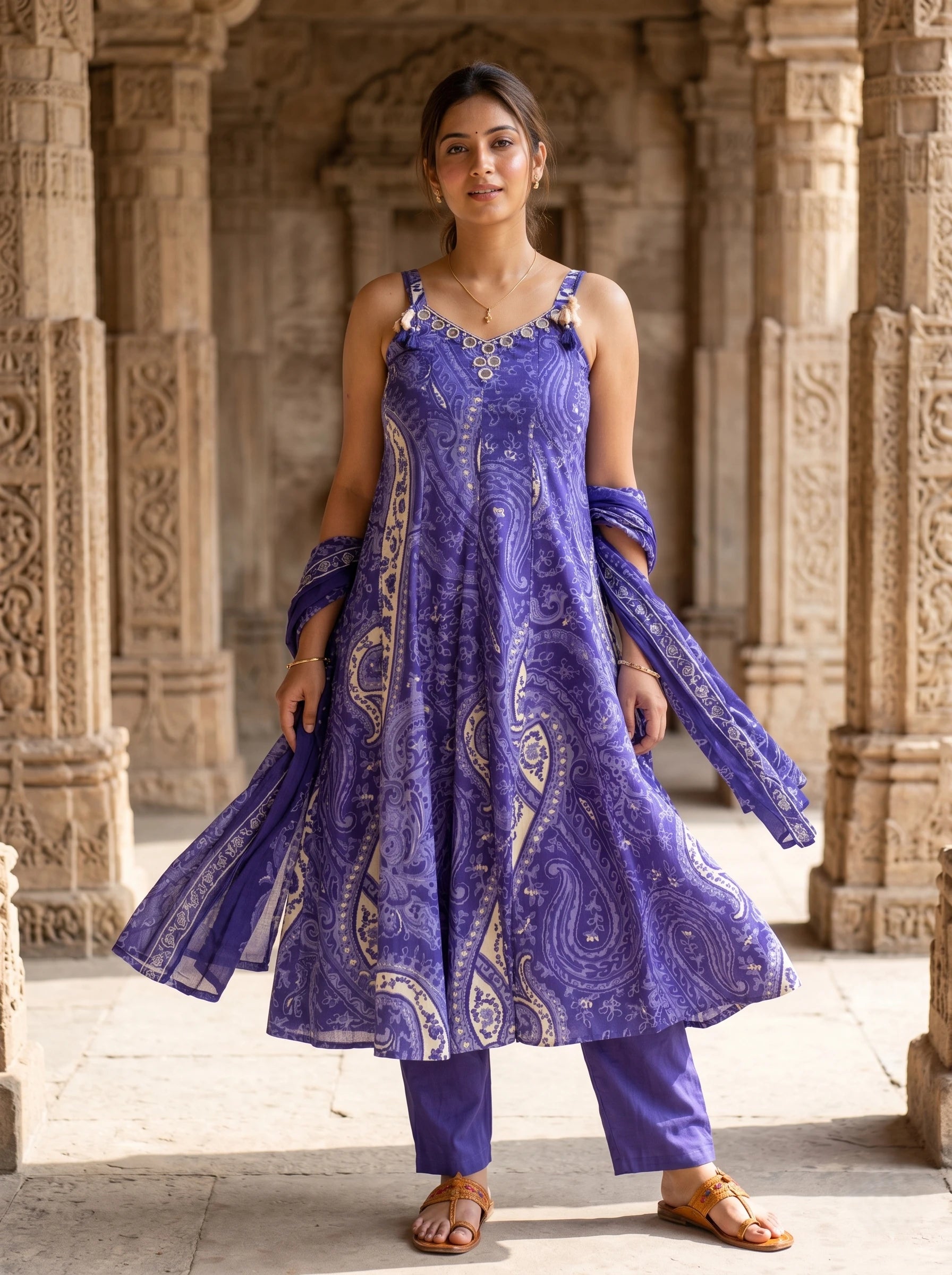 NOOR PURPLE PRINTED MIRROR WORK SLEEVELESS SUIT SET