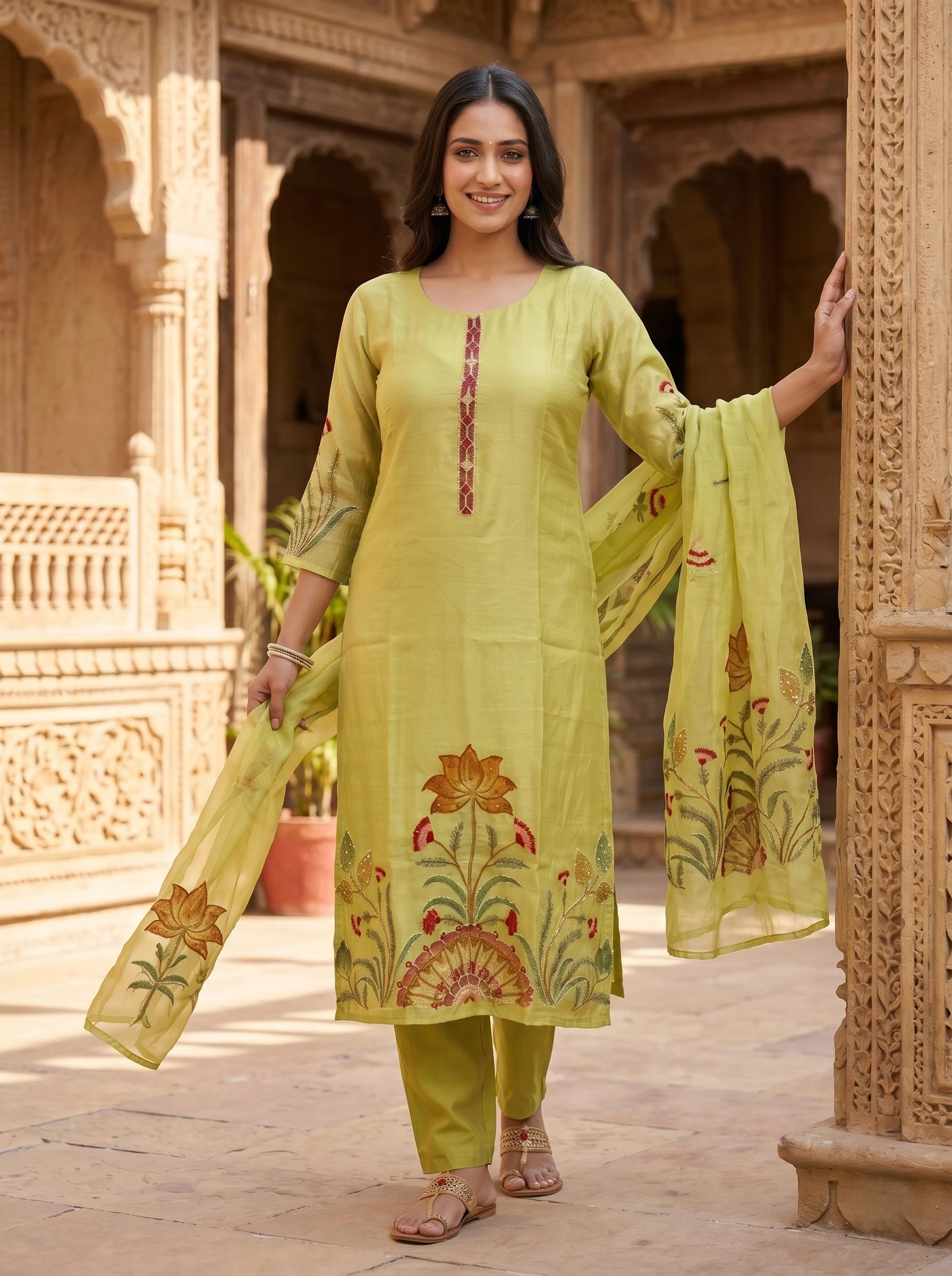 OLIVE GREEN KANTHA WORK SUIT SET