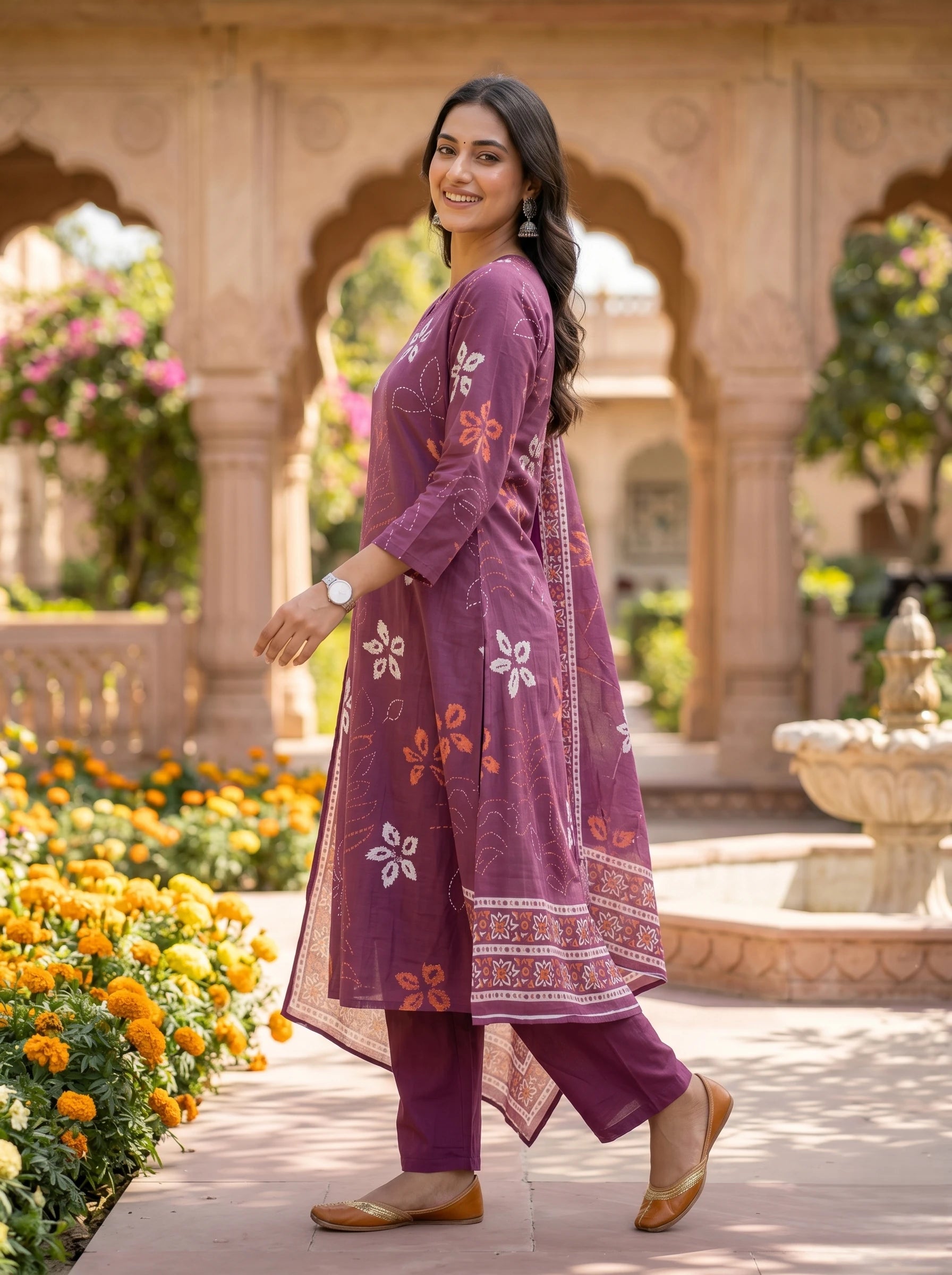 WINE FLORAL MUL COTTON SUIT SET