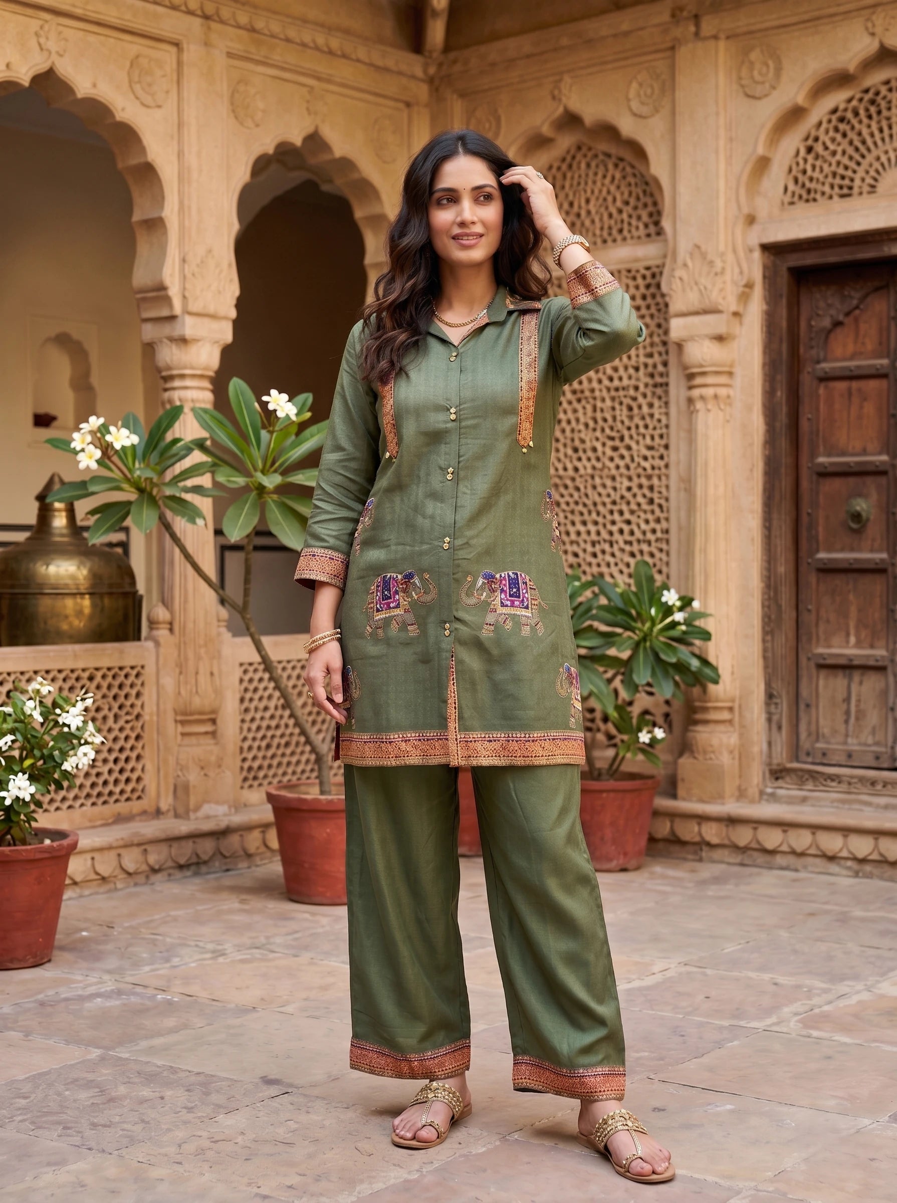 OLIVE GREEN ELEPHANT MOTIF PRINTED CO-ORD SET