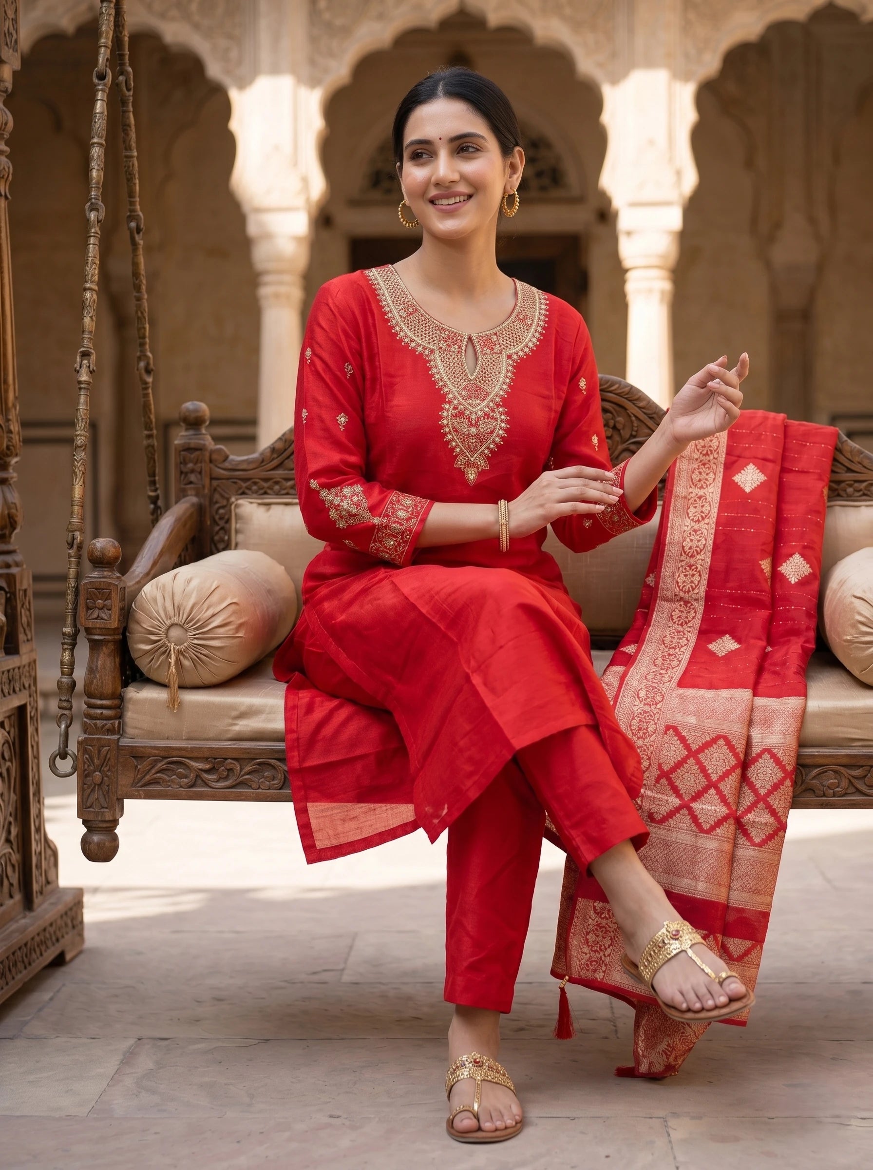 JASHAN RED HAND WORK BANARSI DUPATTA SUIT SET