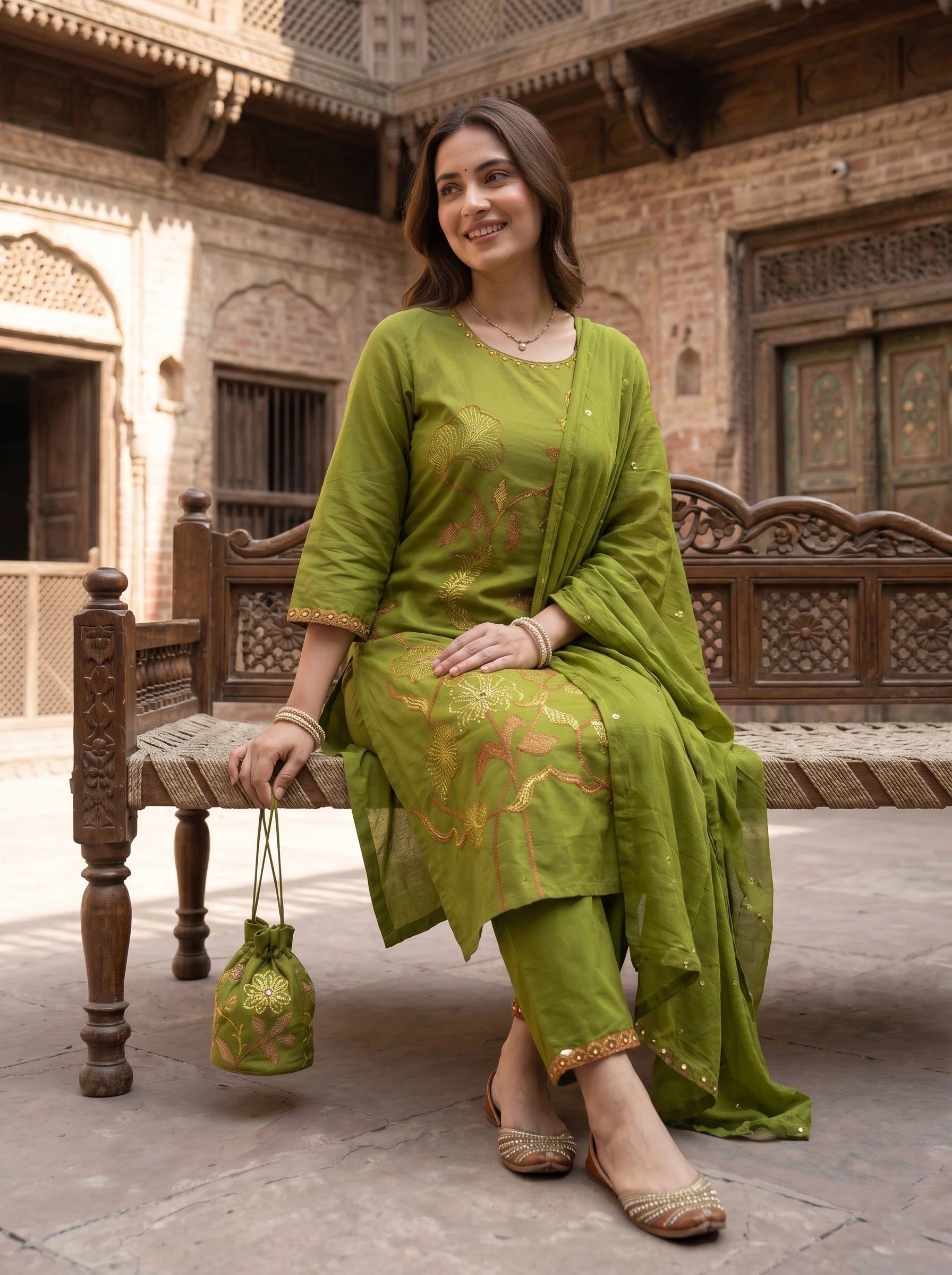 OLIVE FLORA THREADWORK SUIT SET