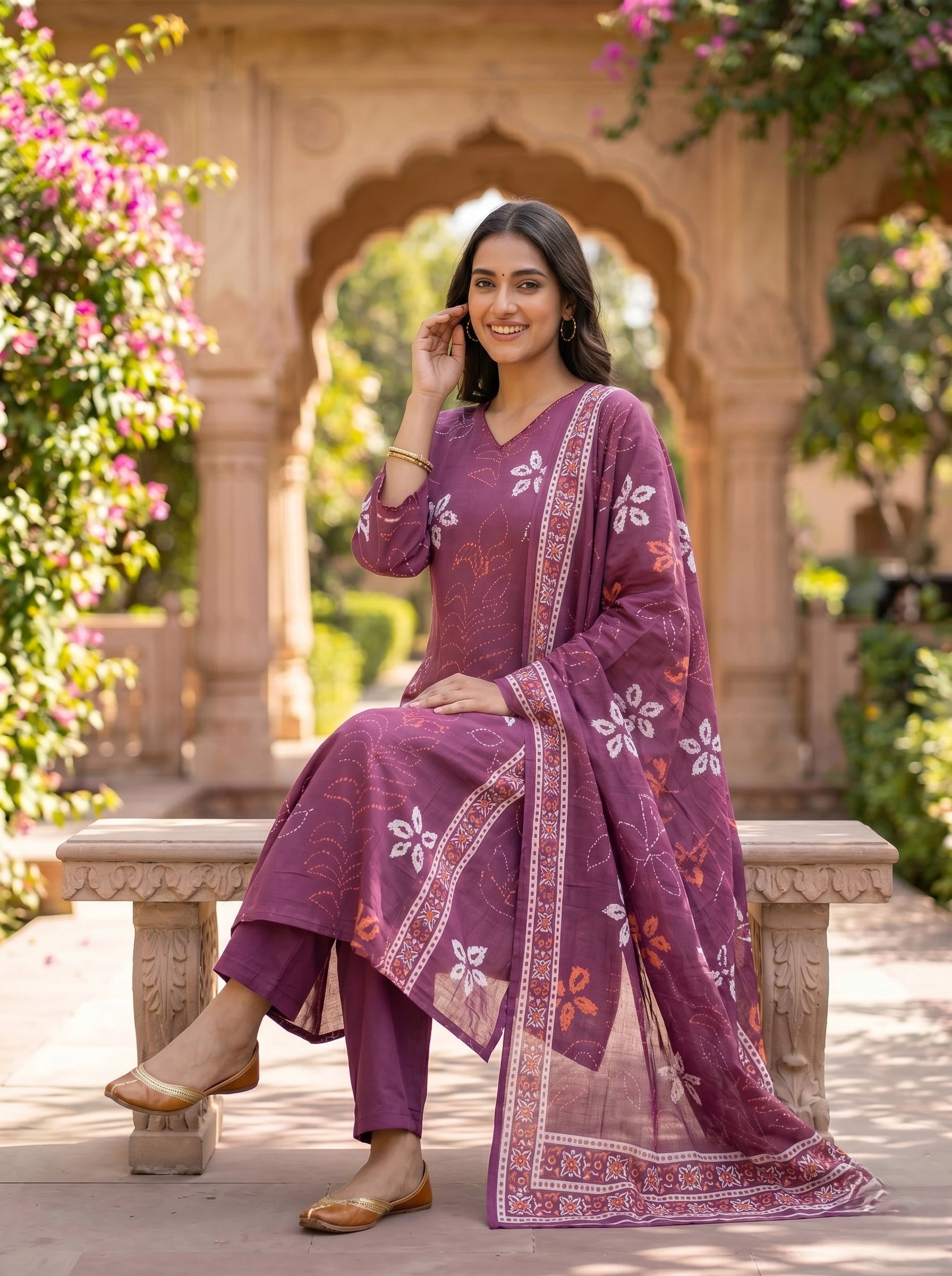 WINE FLORAL MUL COTTON SUIT SET