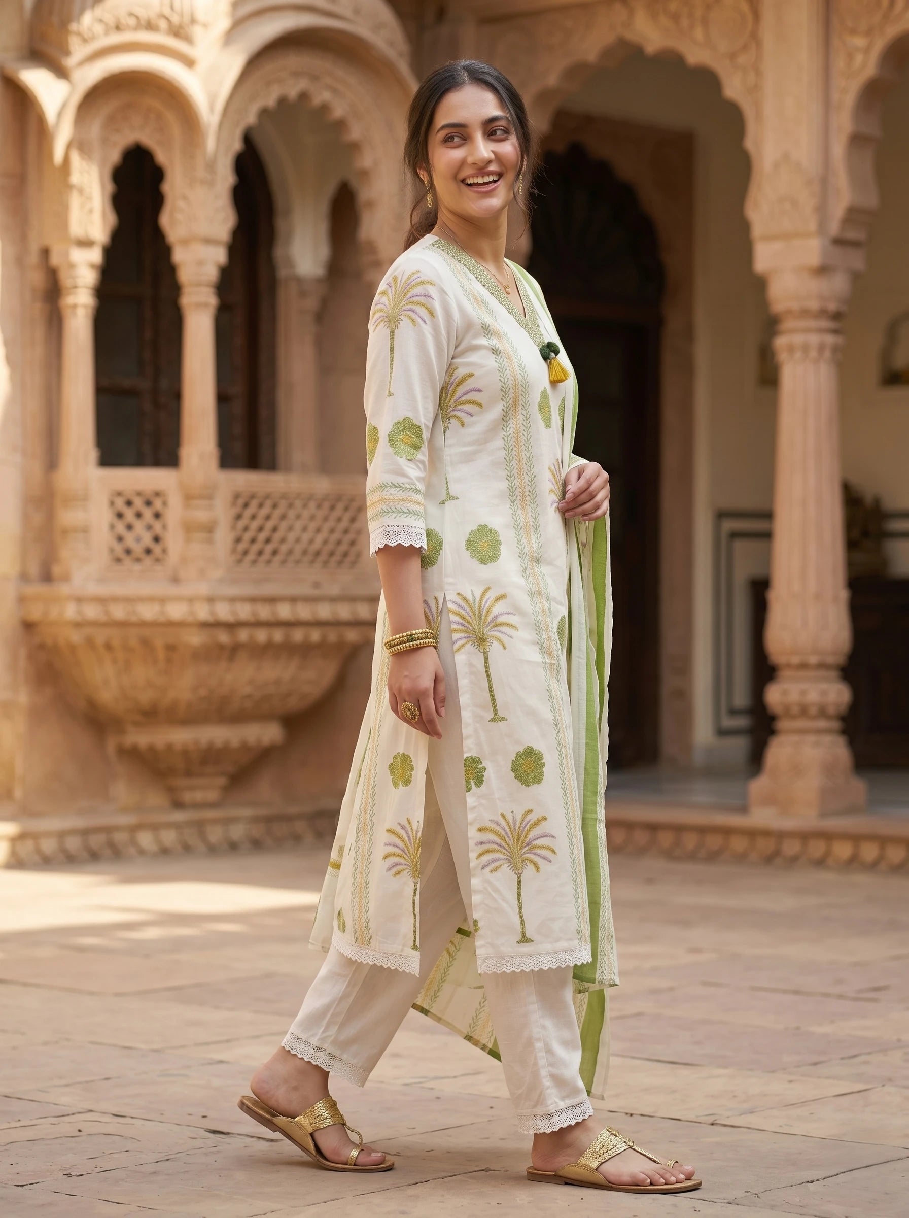 GREEN PETAL CHARM NECK EMBROIDERED SUIT SET