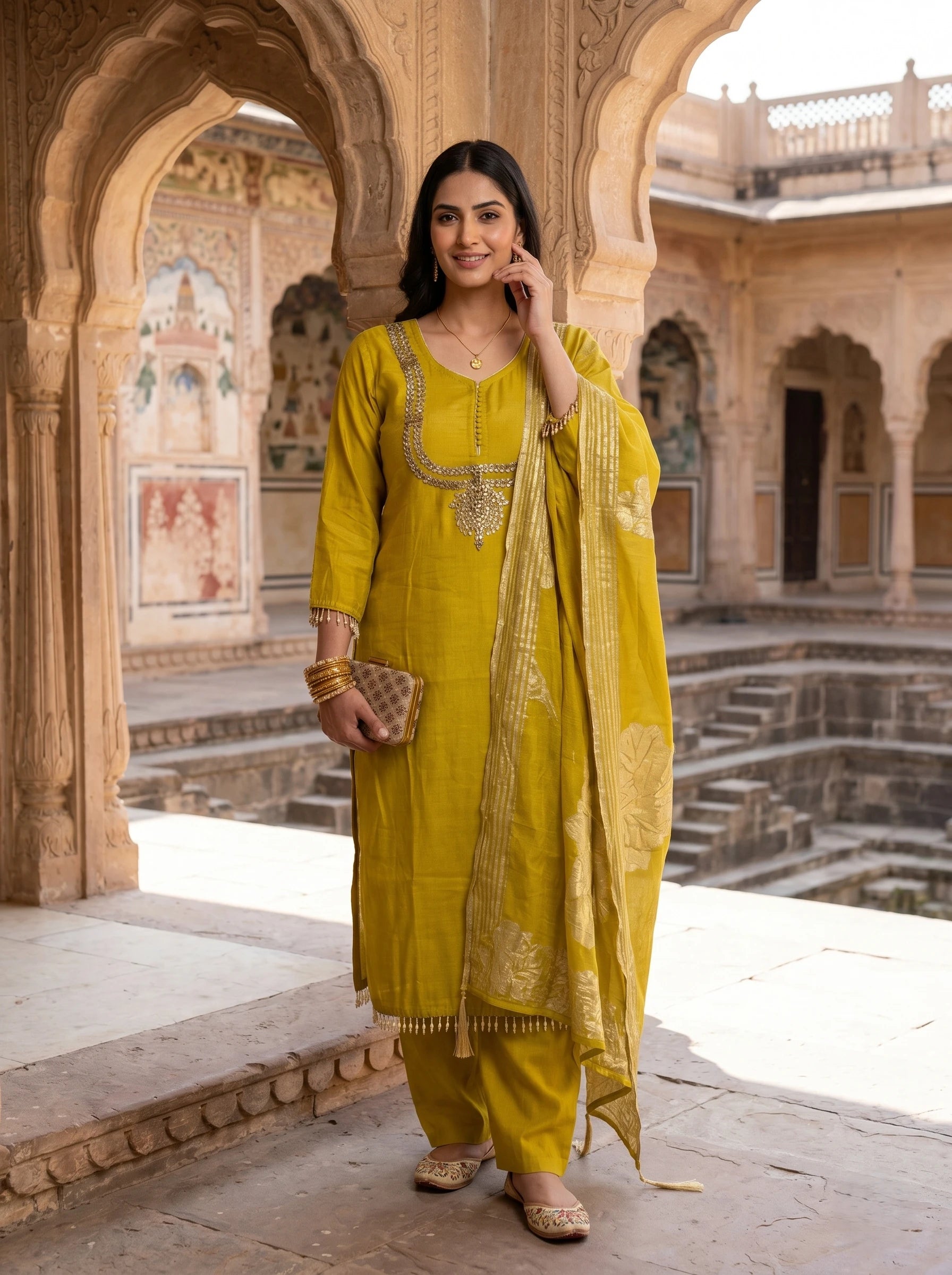 ELEGANT YELLOW KUNDAN WORK SUIT SET