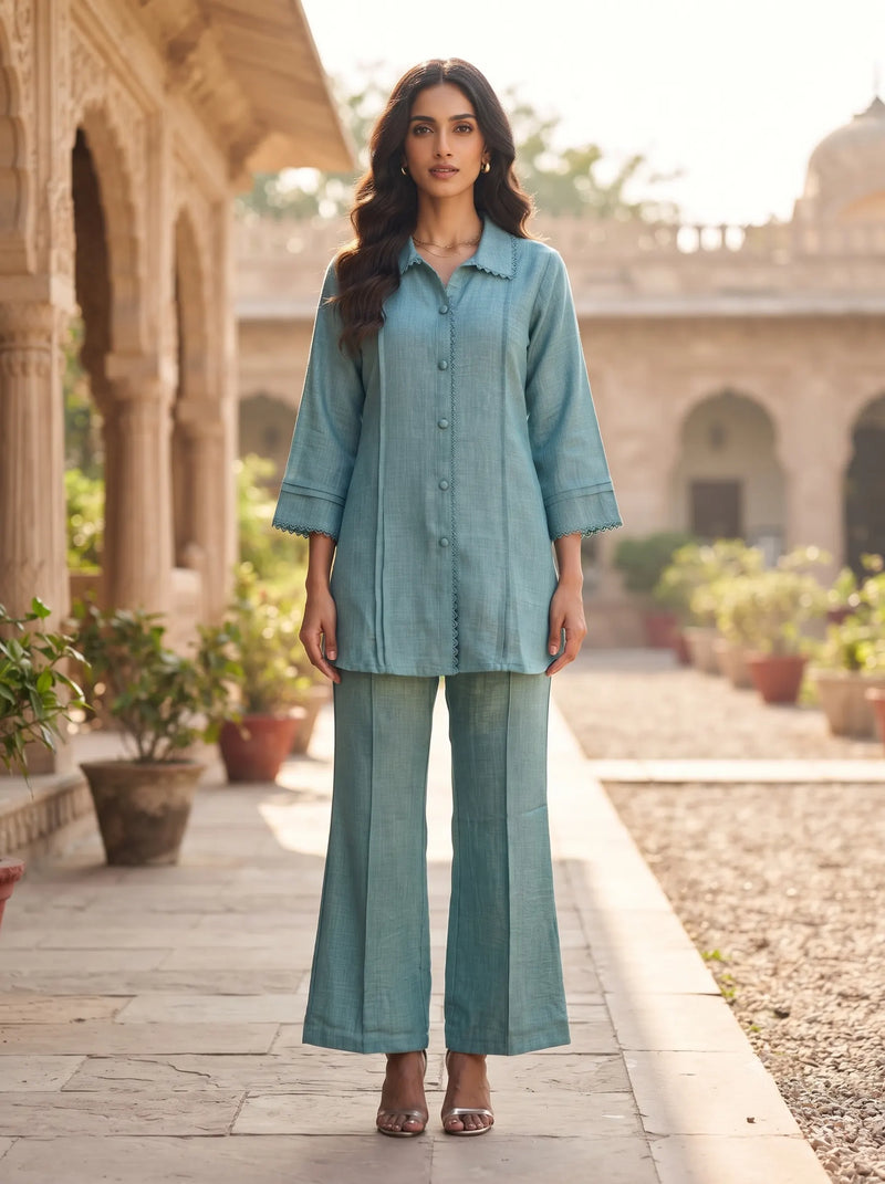 DUSTY BLUE COLLARED LACE DETAIL CASUAL EVERYDAY WEAR CO-ORD SET