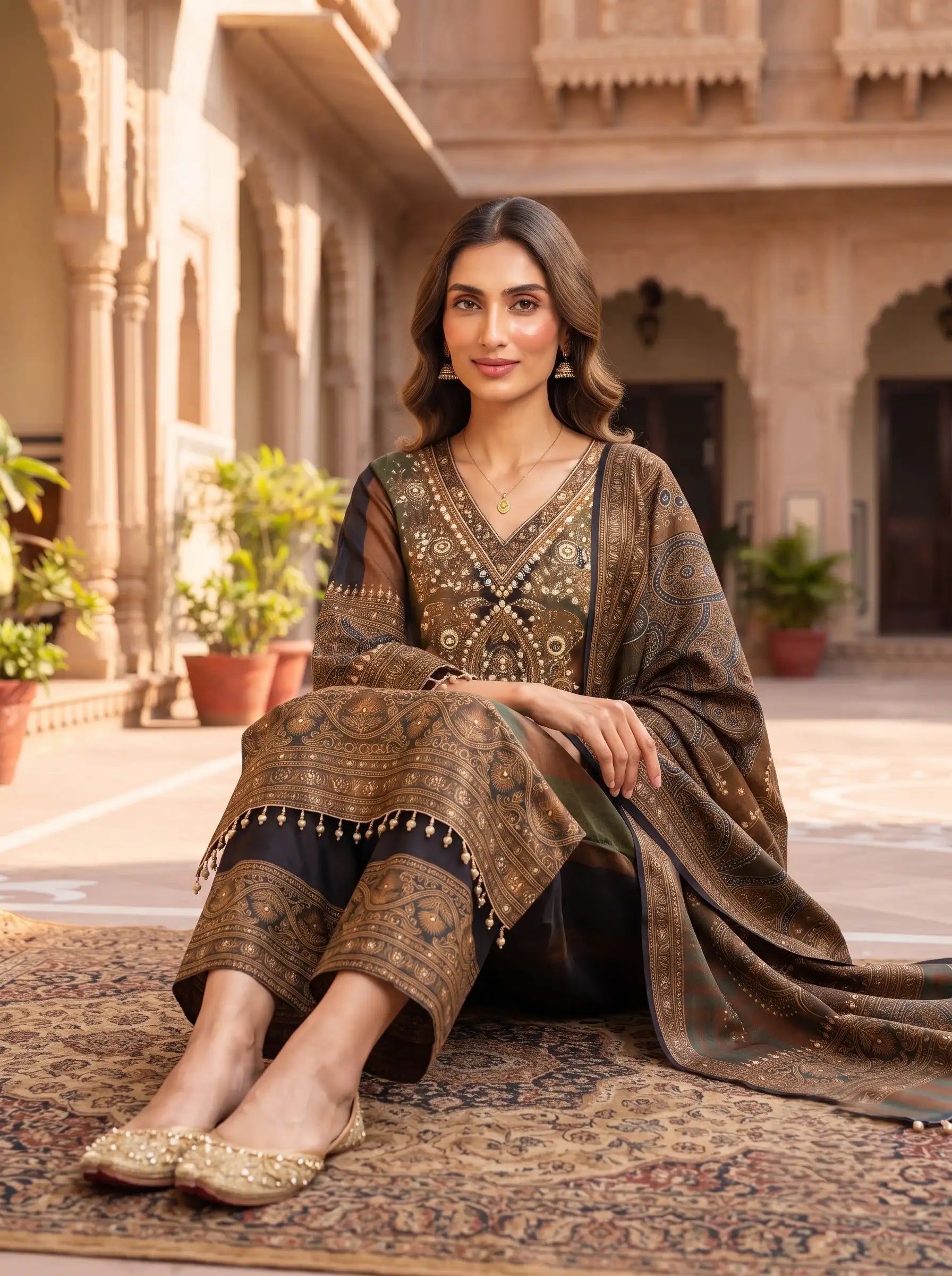 FOREST GLAMOUR EMBELLISHED FULL EMBROIDERED MUSLIN SUIT SET