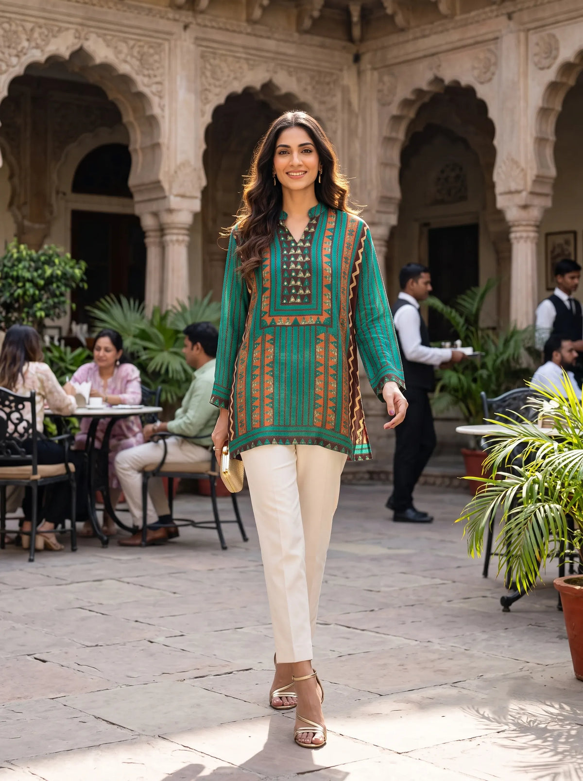 GREEN AND RUST GEOMETRIC PURE MUSLIN SHIRT TOP