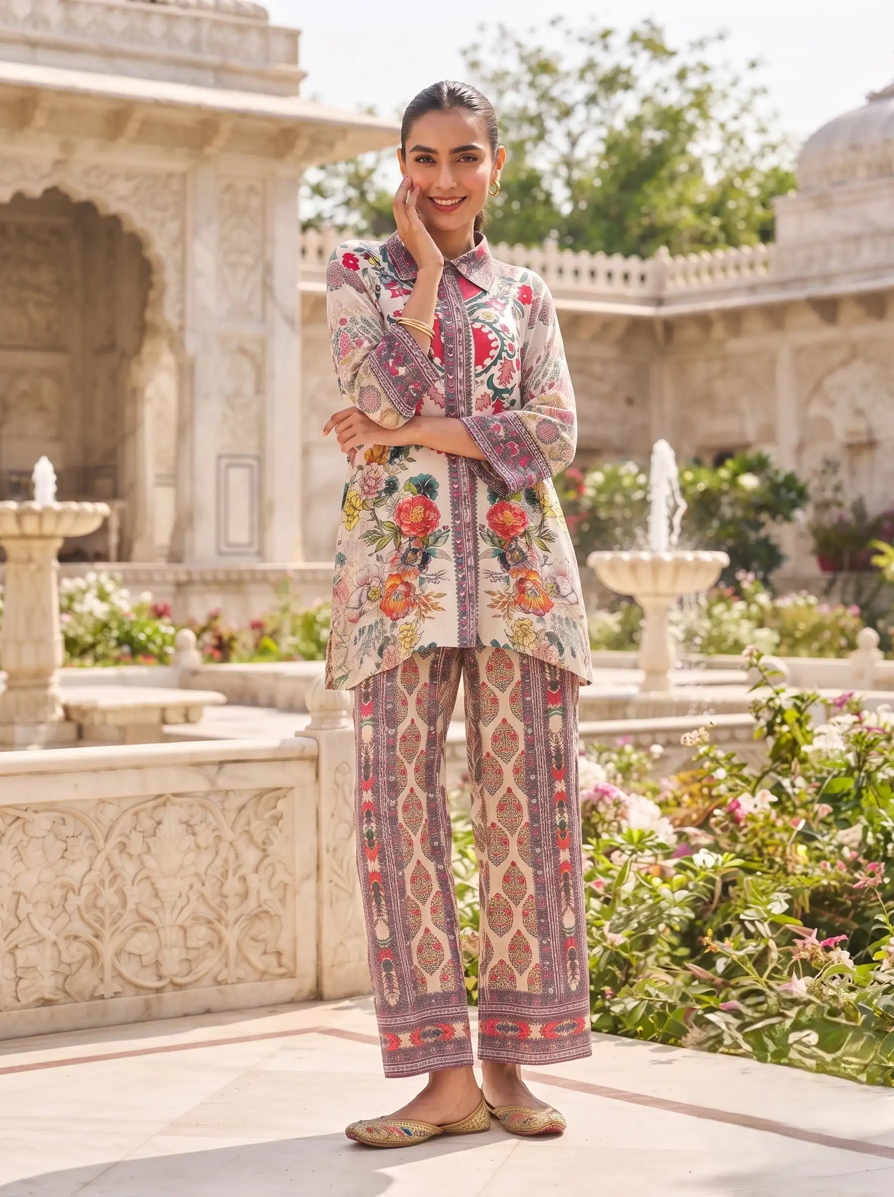 ROSE GARDEN PRINTED SHIRT STYLE PURE MUSLIN CO-ORD SET