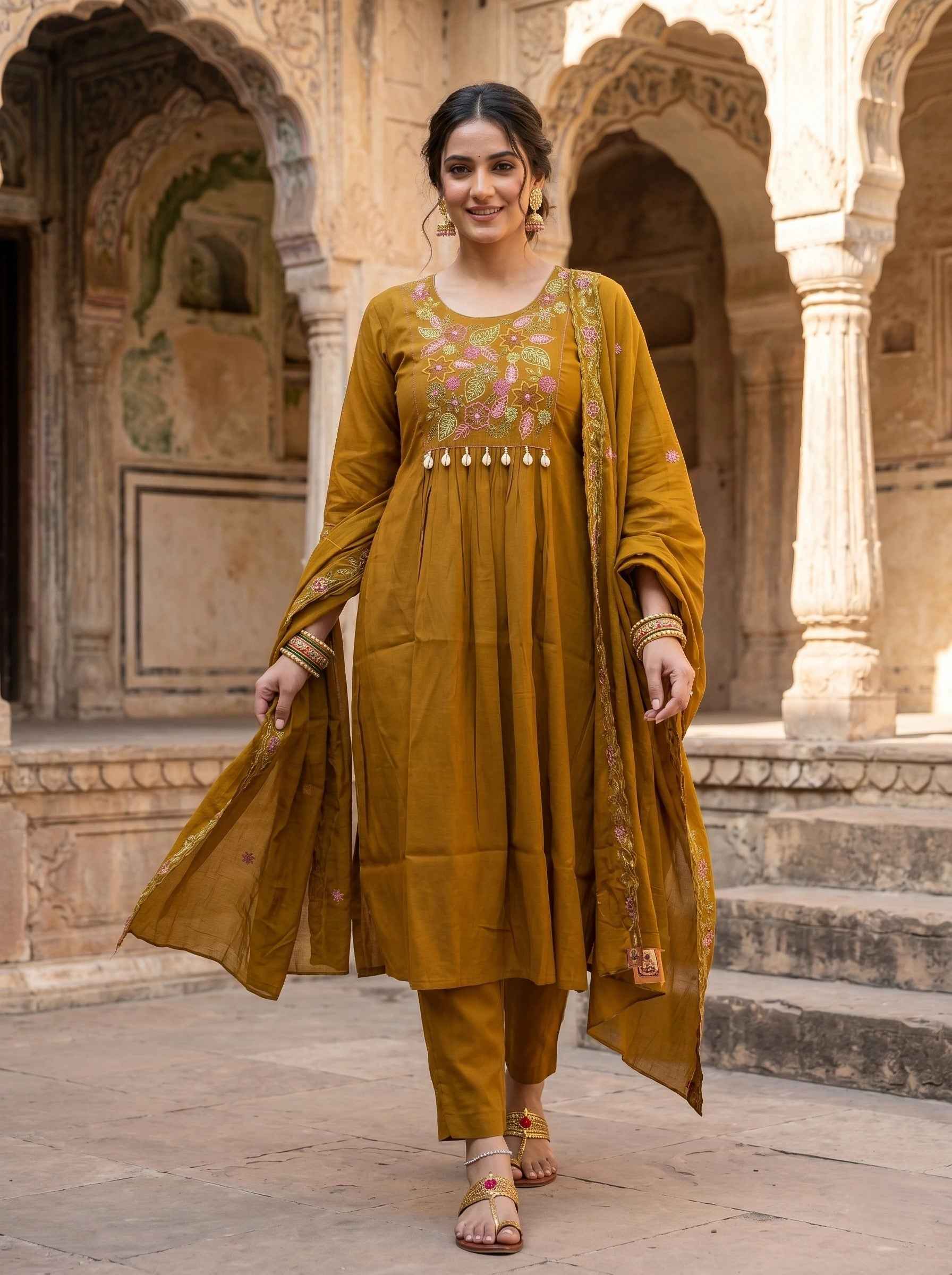 MUSTARD BLOOM EMBROIDERED SUIT SET