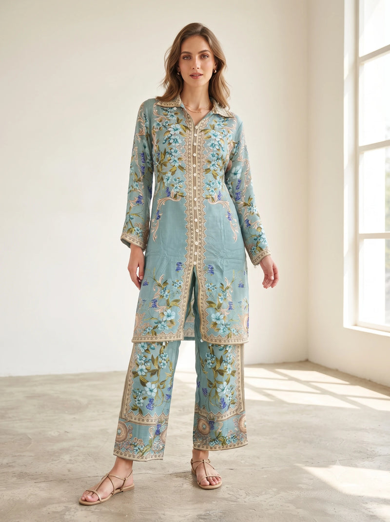 OCEAN BLOOM EMBELLISHED PURE CREPE CO-ORD SET
