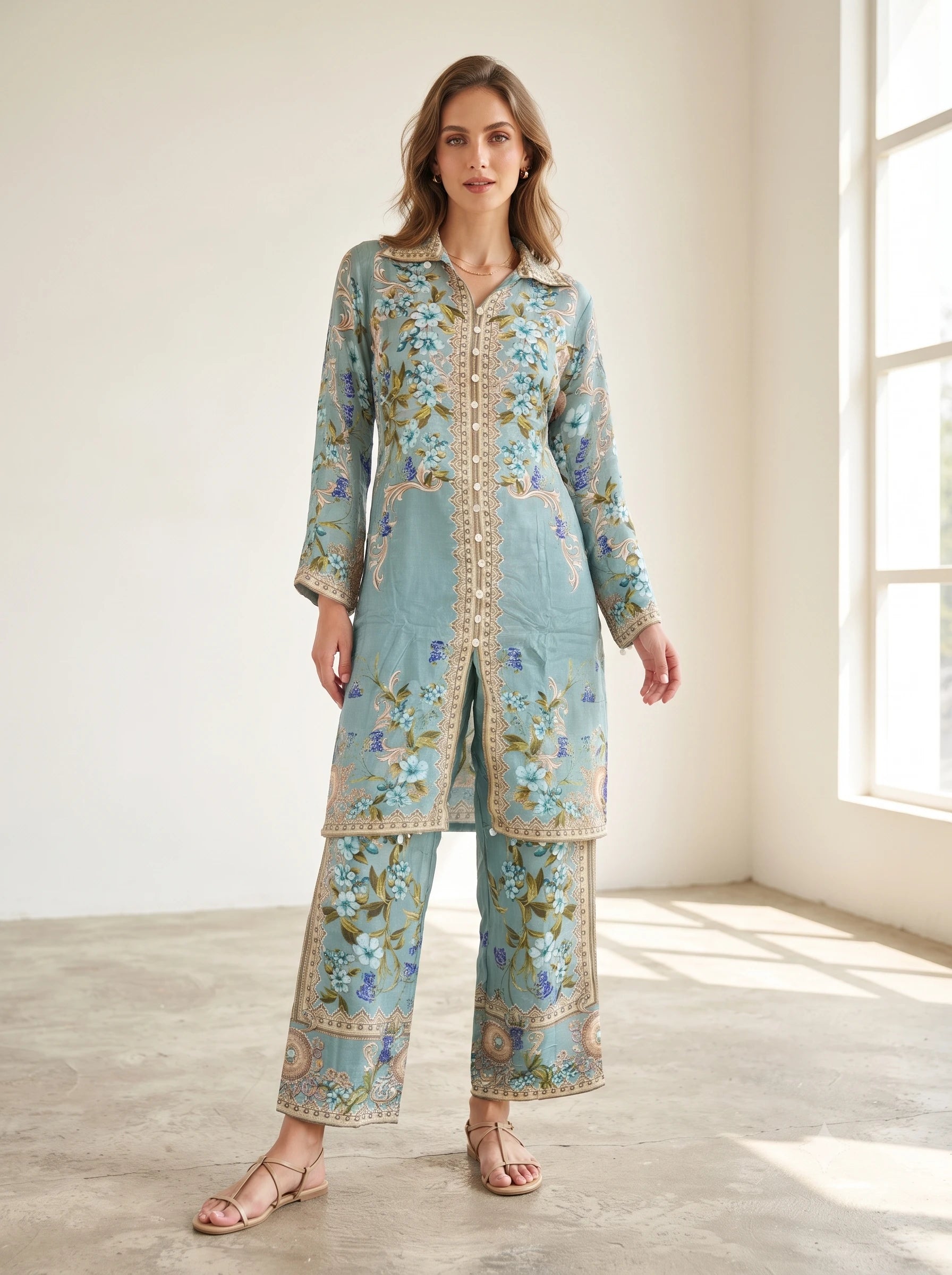 OCEAN BLOOM EMBELLISHED PURE CREPE CO-ORD SET