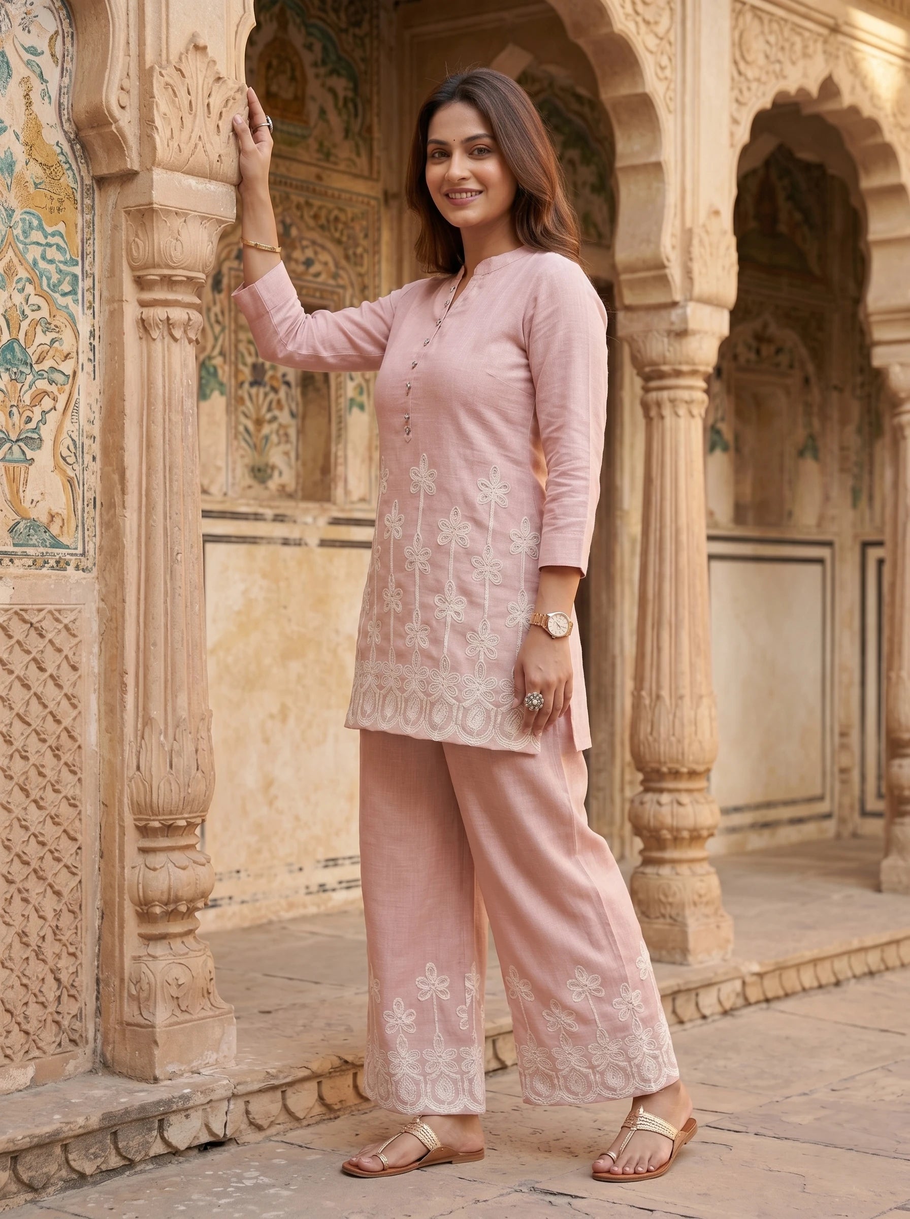 POWDER PINK FLORAL EMBROIDERED CO-ORD SET