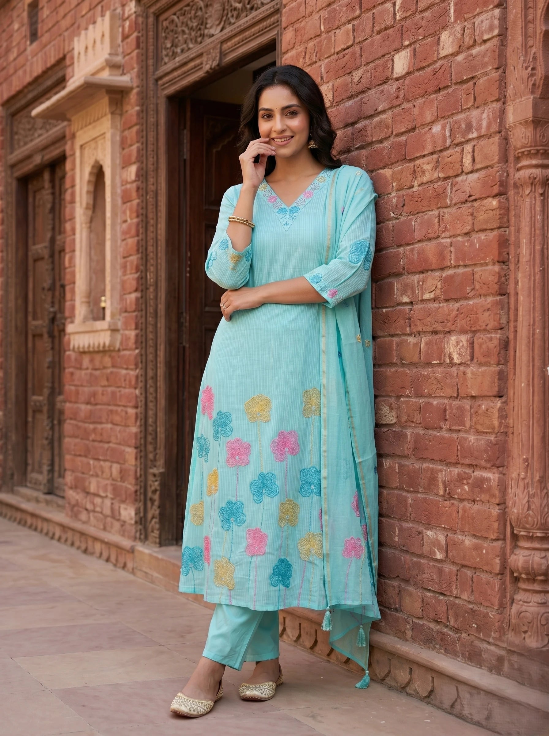 AQUA BLUE FLORAL EMBROIDERED SUIT SET