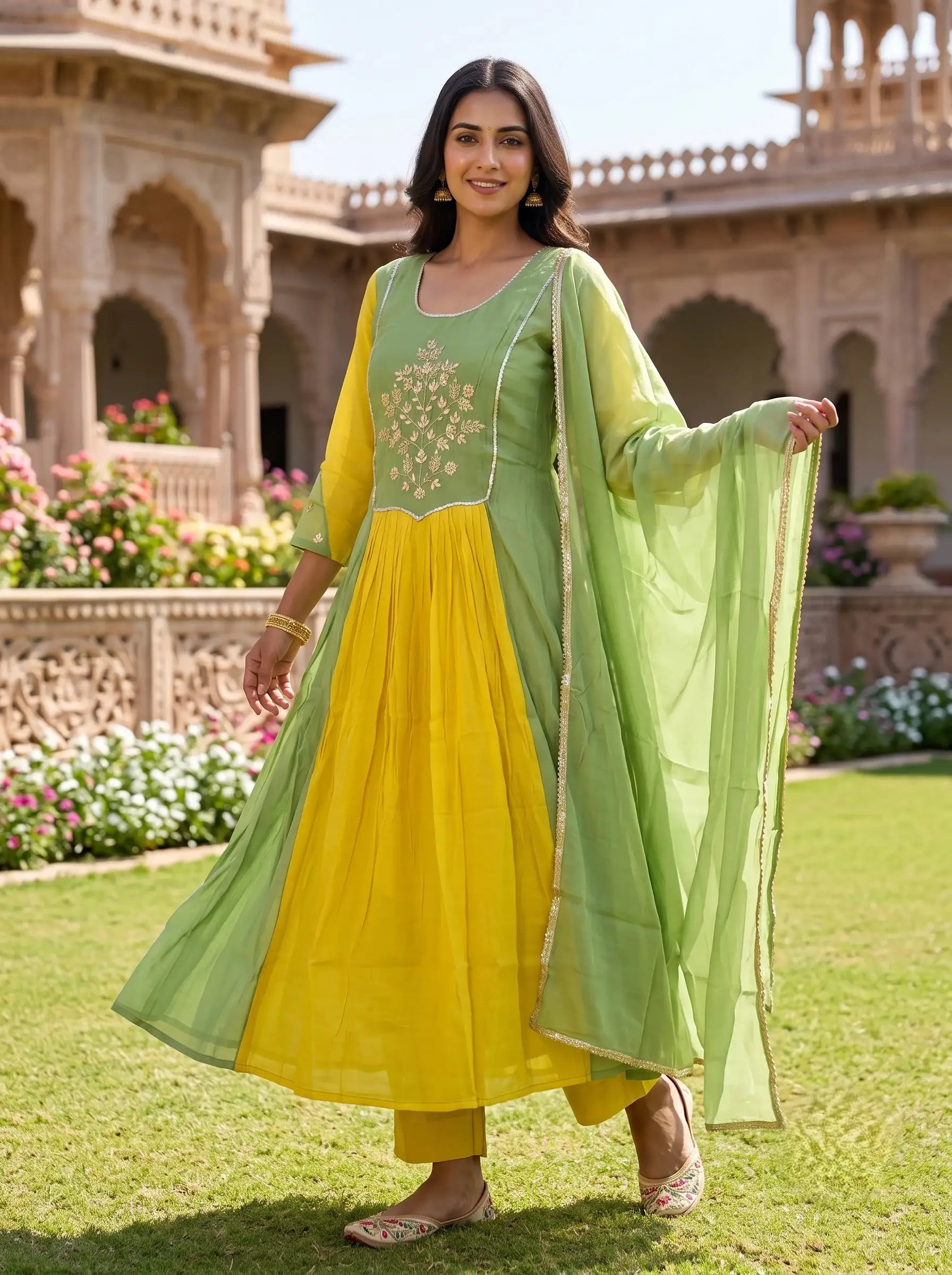 PISTA GREEN & MUSTARD YELLOW EMBROIDERED ANARKALI SUIT SET