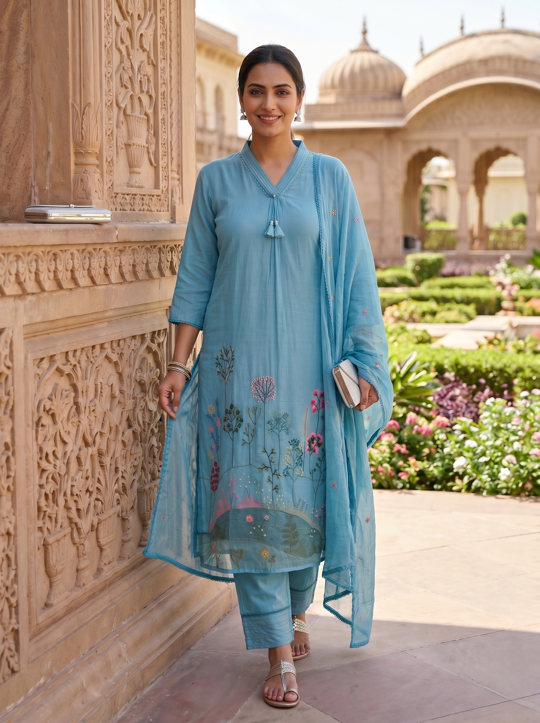 AQUA BLOOM THREADWORK MUL COTTON SUIT SET