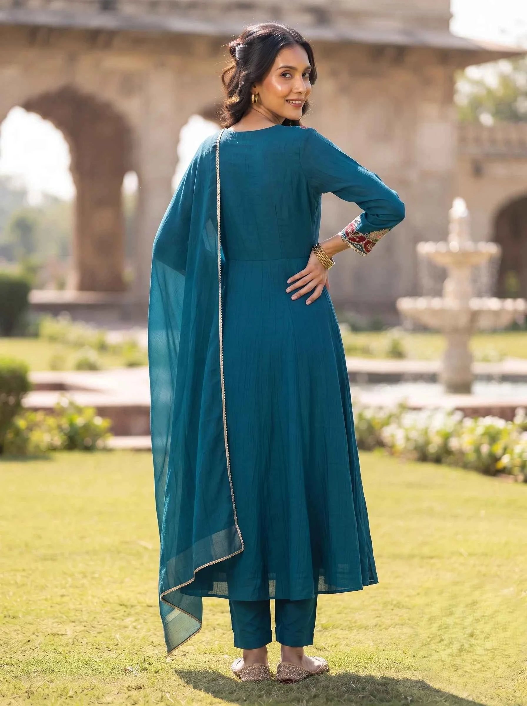 PEACOCK BLUE TRADITIONAL MOTIF FESTIVE DESIGNER BANARSI MUL CHANDERI SUIT