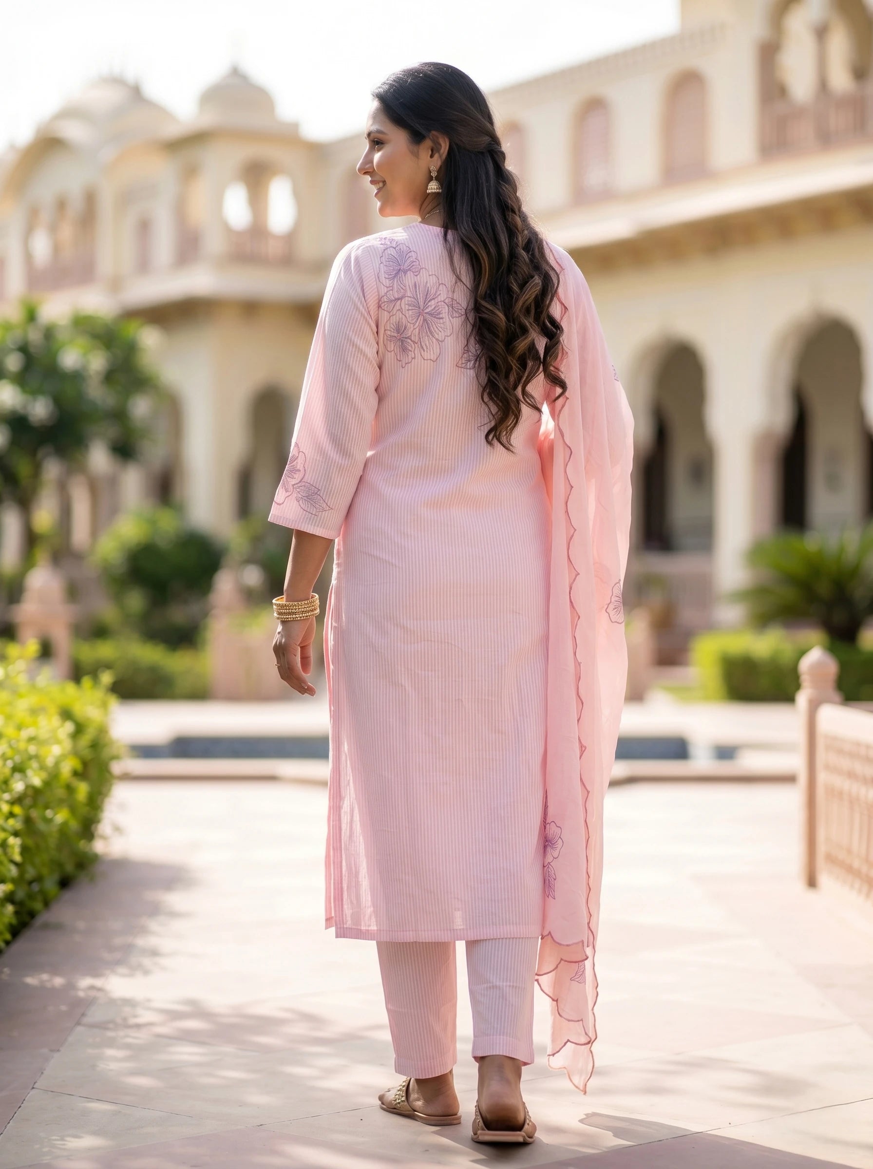 PINK FLORAL THREADWORK SUIT SET