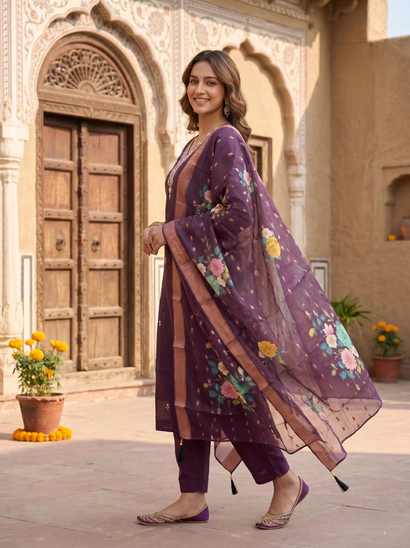RUWA STONE WORK STRAIGHT MUL CHANDERI SUIT SET