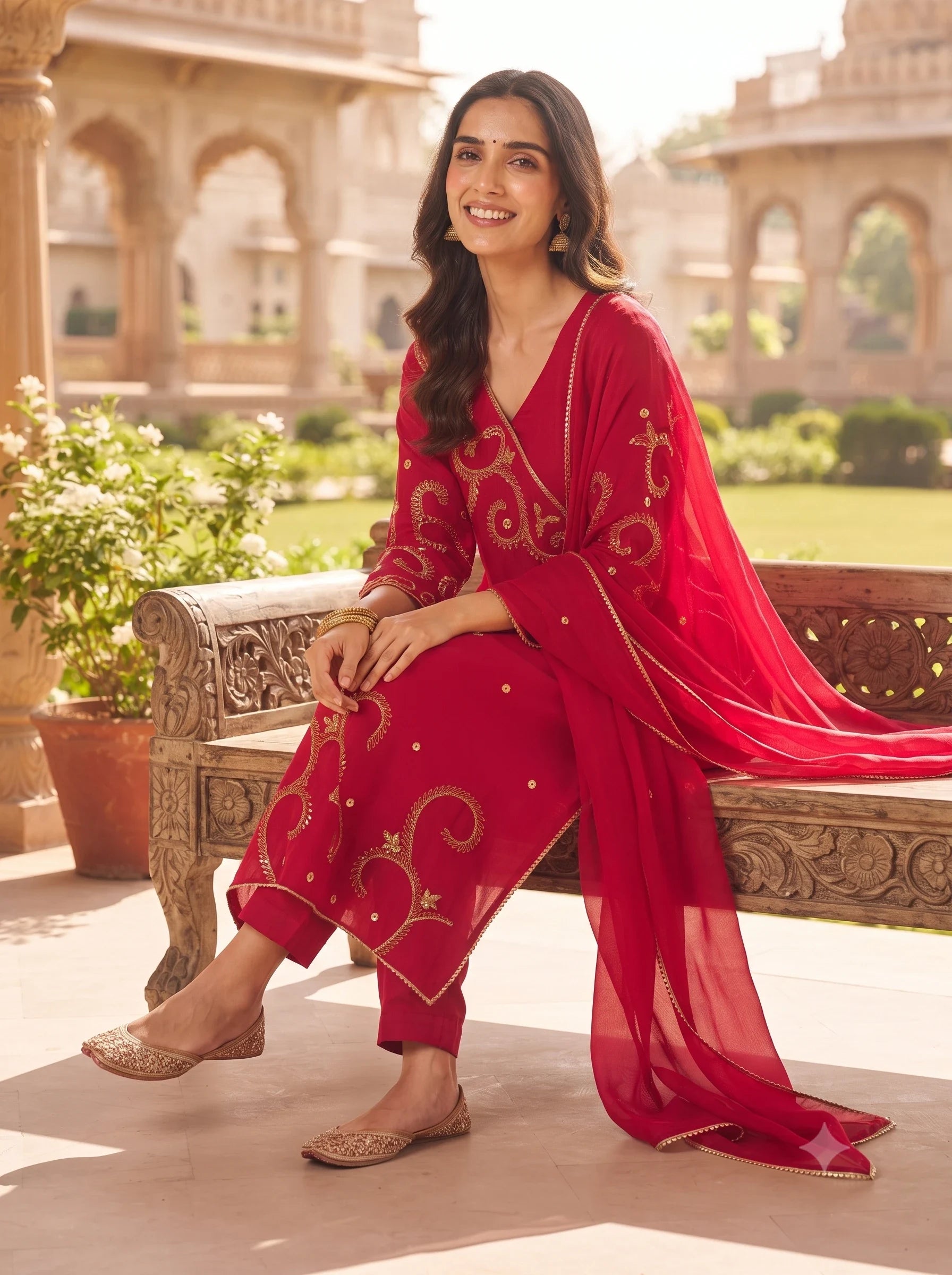 MAGENTA GOLDEN EMBROIDERED ANGRAKHA STYLE DOLA SILK SUIT SET