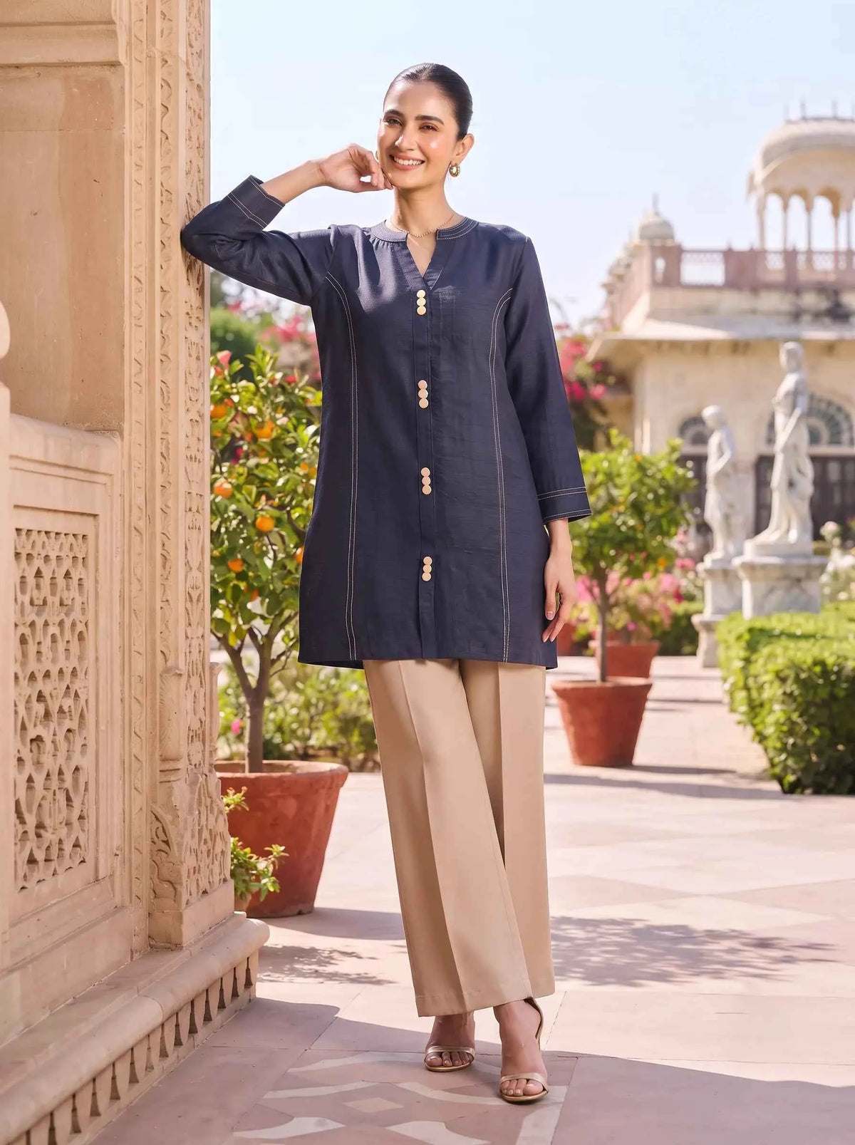 NAVY BLUE WHITE STITCH DETAIL PREMIUM CASUAL WOMEN CO-ORD SET