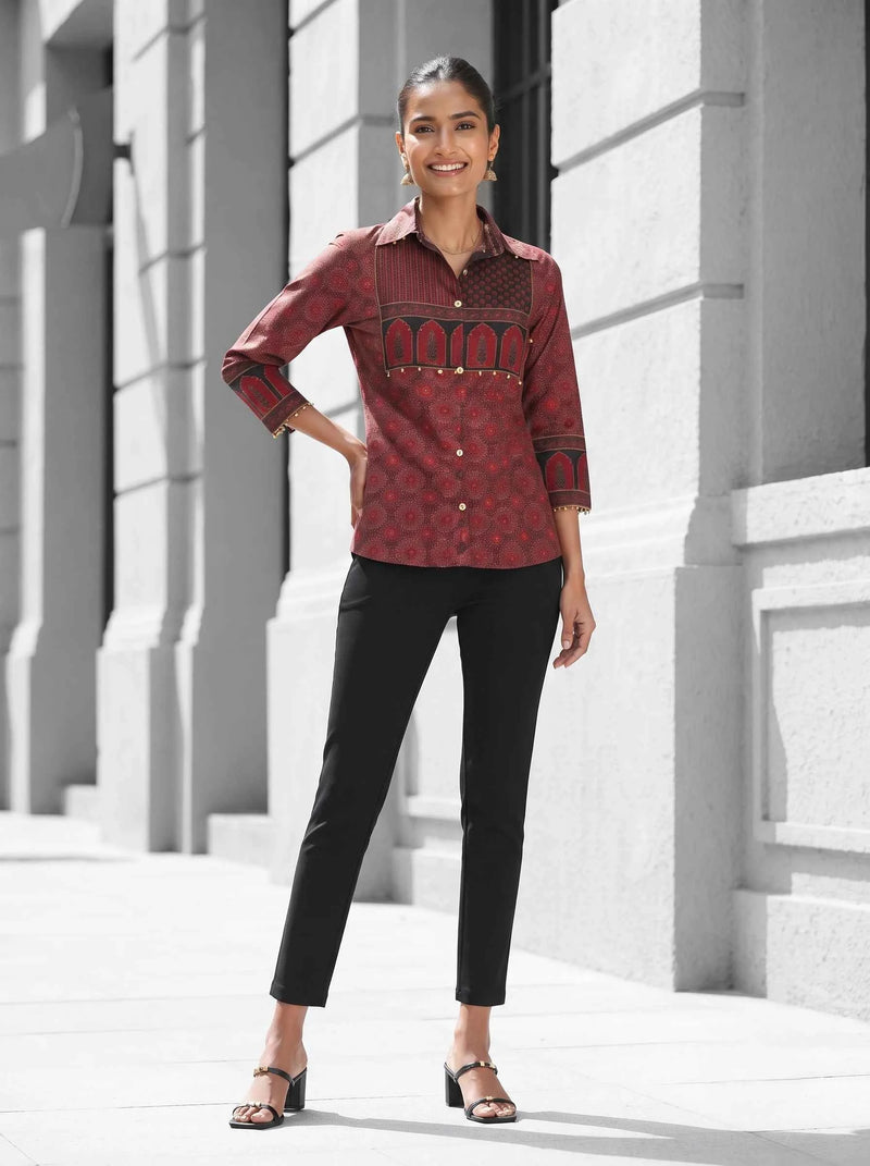 CRIMSON PALACE COLLARED PRINTED PURE MUSLIN SHIRT