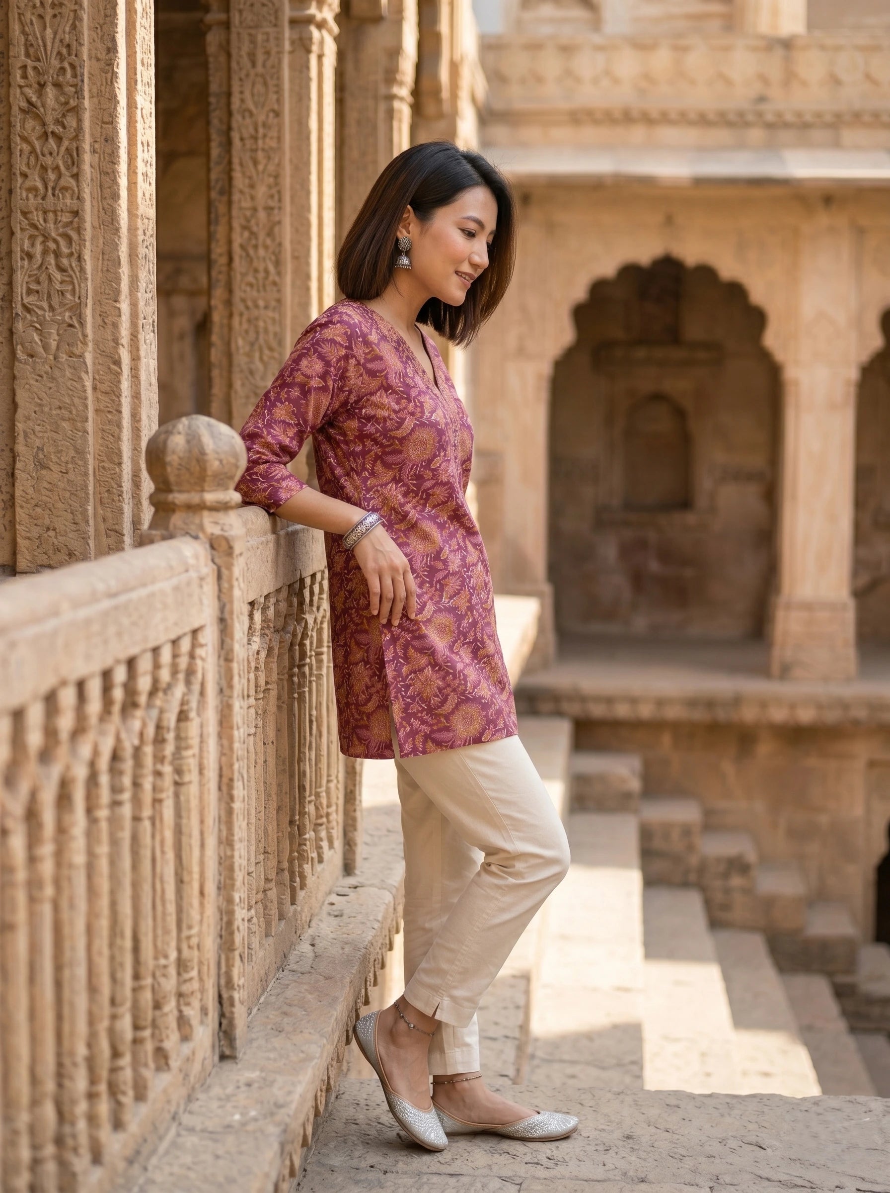 WINE FLORAL PRINT CASUAL KURTI