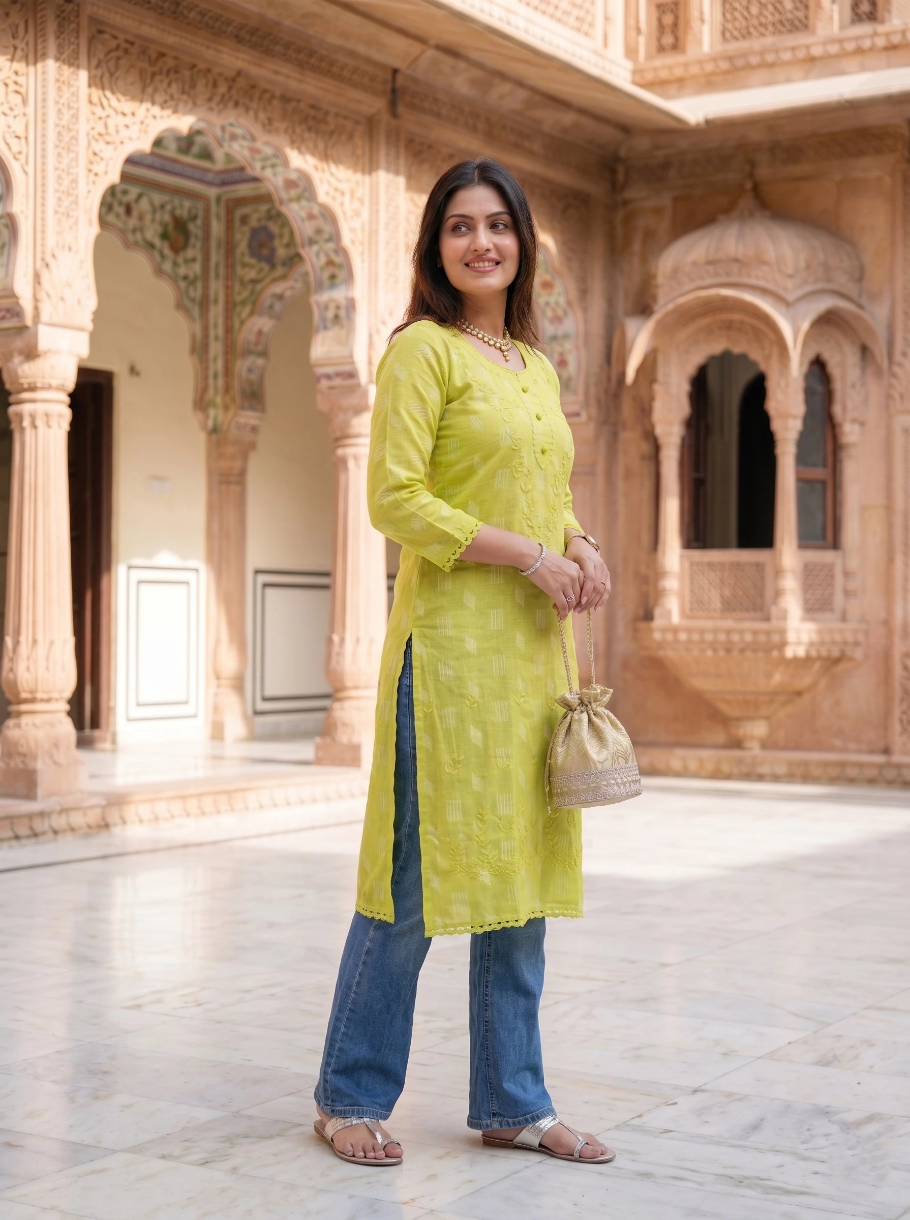 LIME YELLOW PRINTED STRAIGHT KURTI