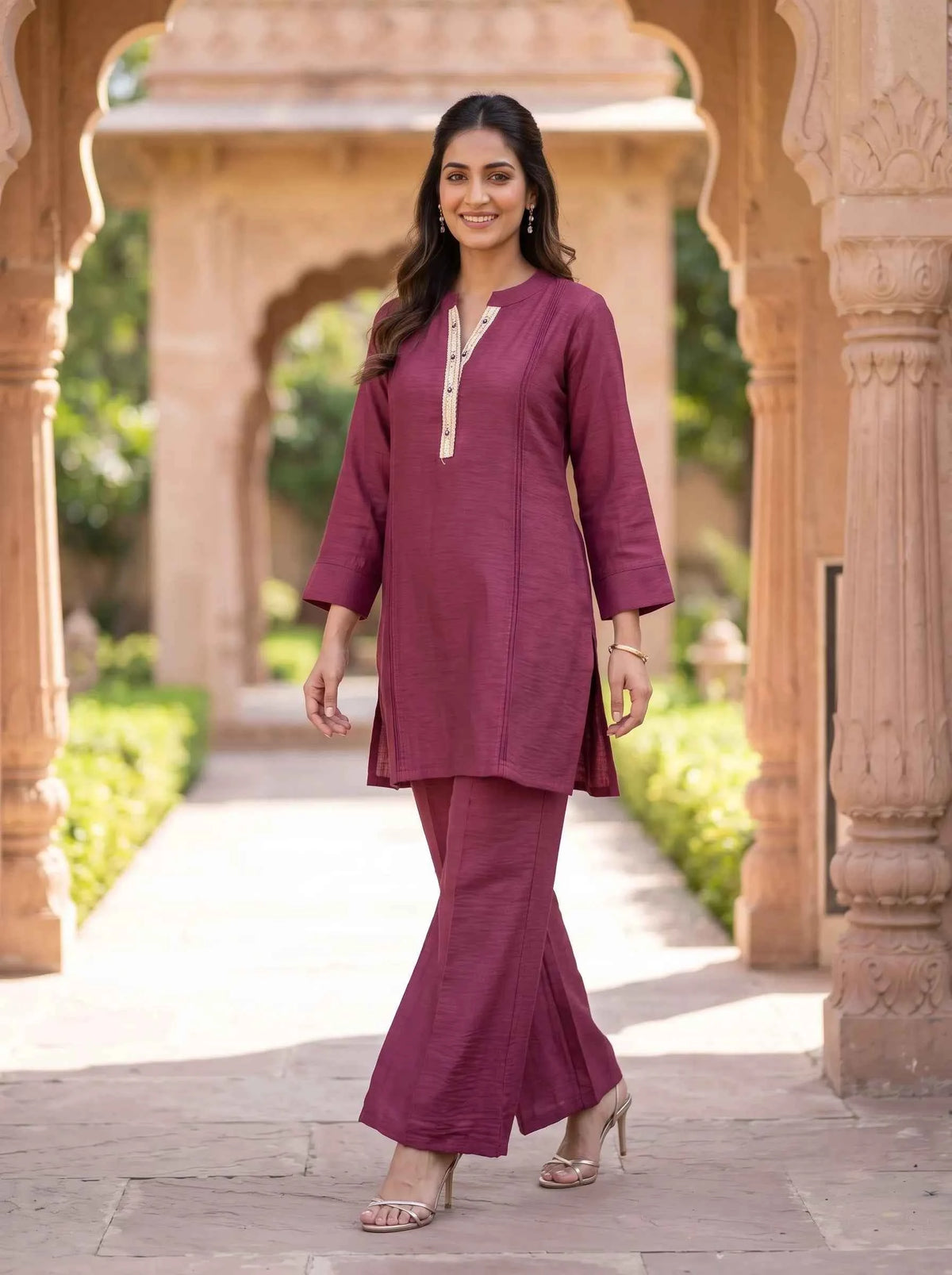 WINE RED EMBROIDERED NECKLINE CASUAL EVERYDAY WEAR CO-ORD SET