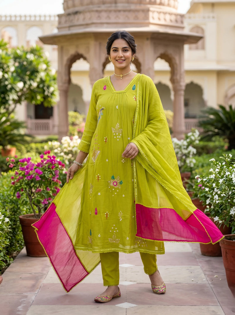 NOOR-E-OLIVE EMBROIDERED MUL COTTON SUIT SET