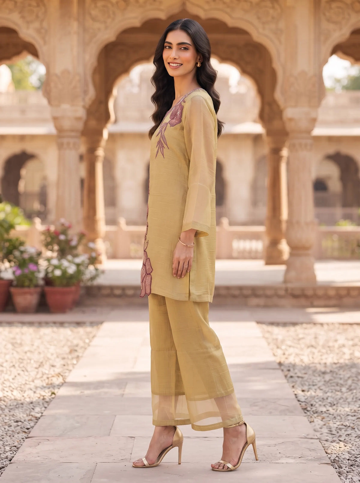 TAUPE WINE EMBROIDERED NECKLINE CRUSH TISSUE FESTIVE CO-ORD SET