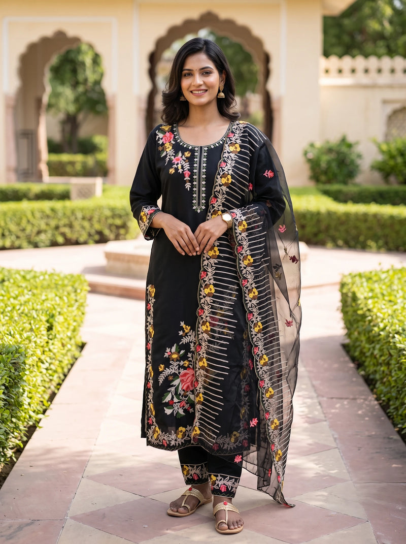 MAYA BLACK THREADWORK STRAIGHT SUIT SET