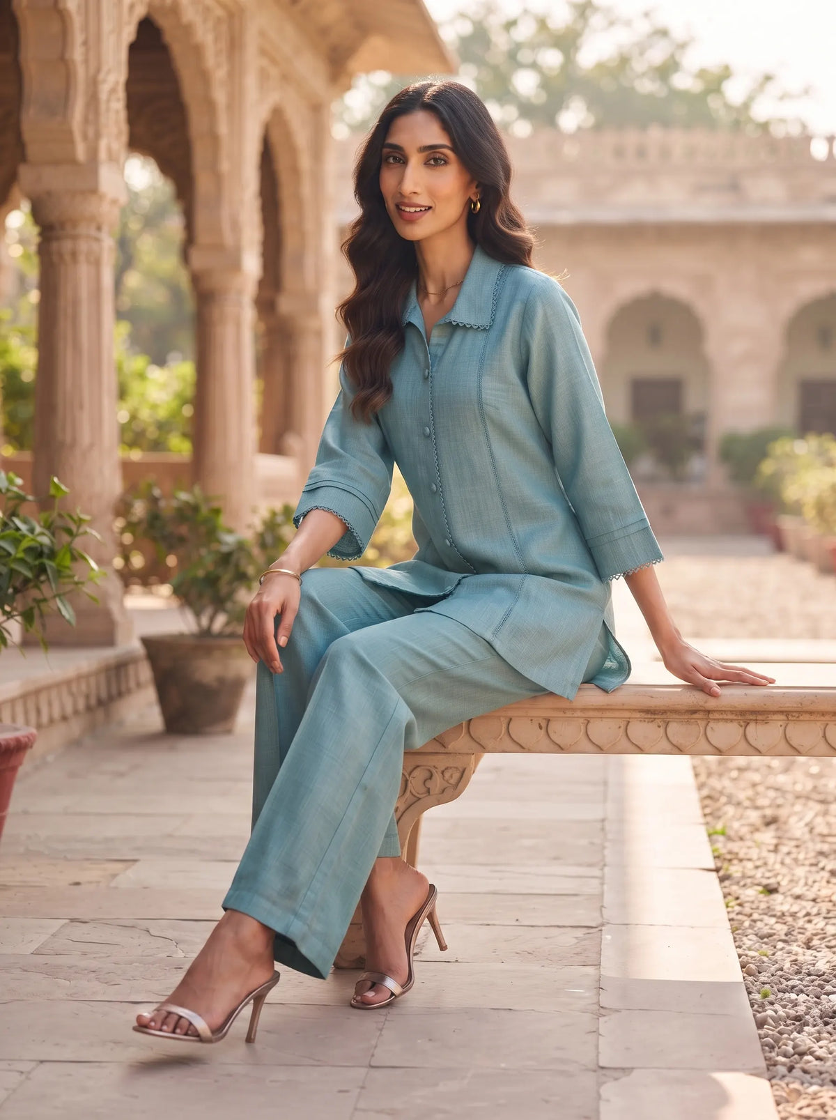 DUSTY BLUE COLLARED LACE DETAIL CASUAL EVERYDAY WEAR CO-ORD SET
