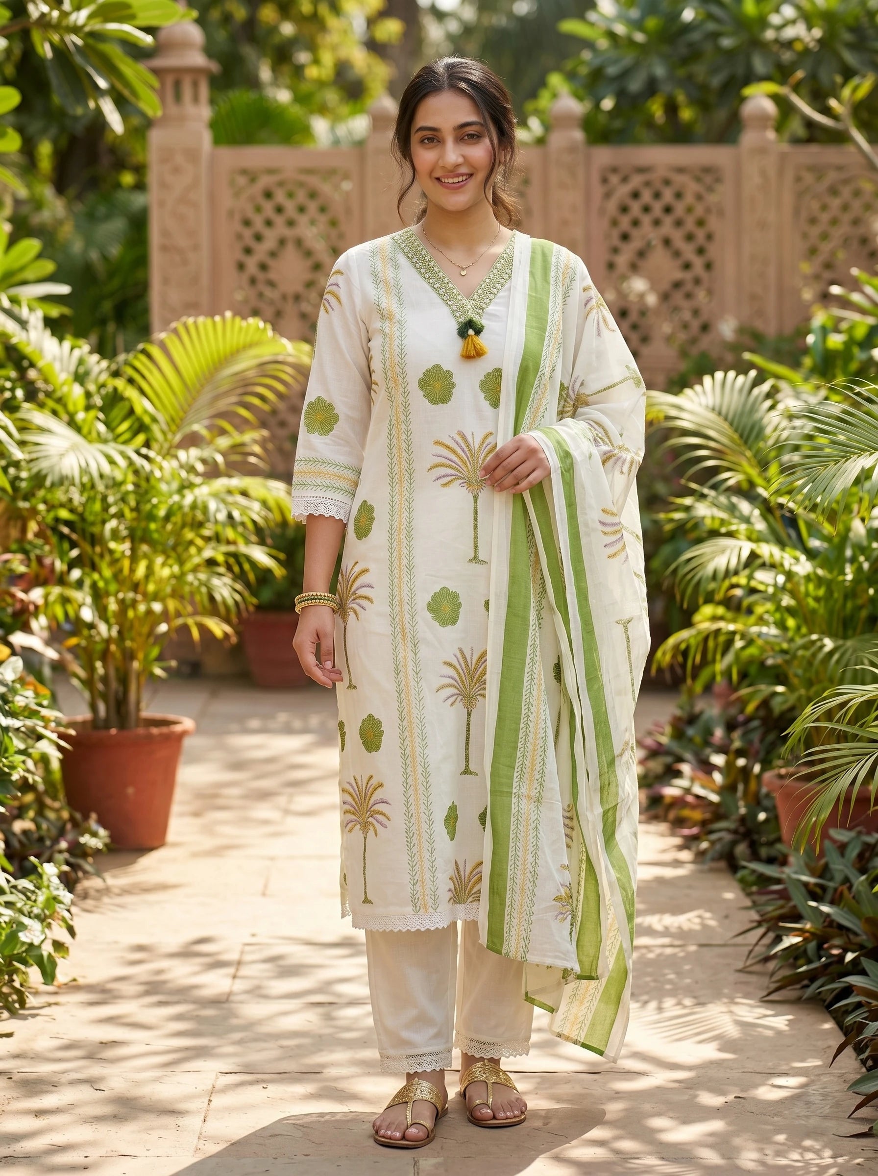 GREEN PETAL CHARM NECK EMBROIDERED SUIT SET