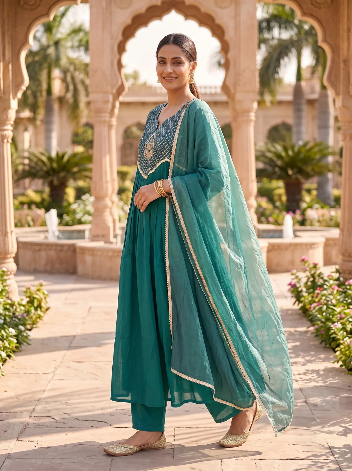 TEAL BLUE HAND EMBROIDERED FESTIVE ANARKALI MUL CHANDERI SUIT SET