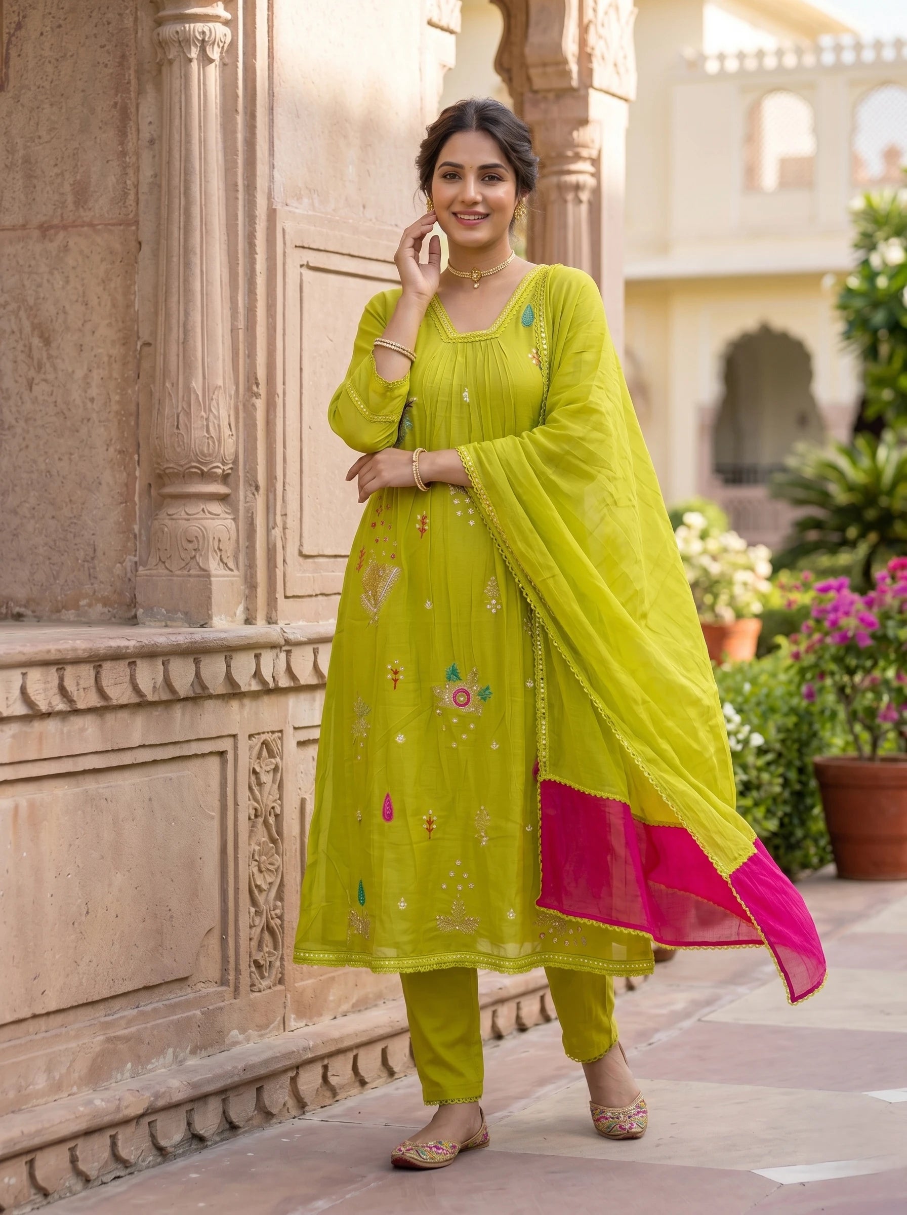 NOOR-E-OLIVE EMBROIDERED MUL COTTON SUIT SET