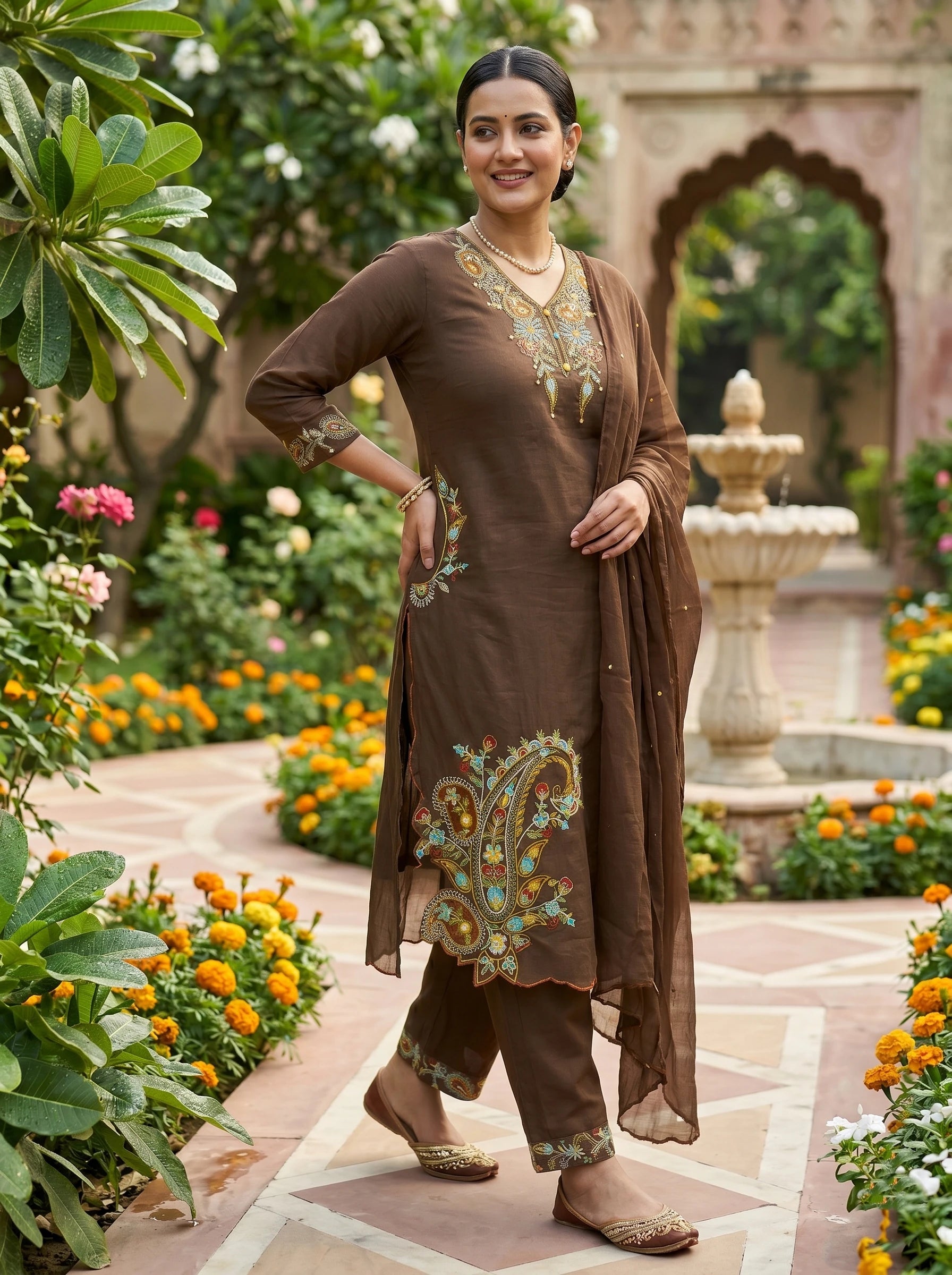 COFFEE BROWN THREADWORK MUL COTTON SUIT SET