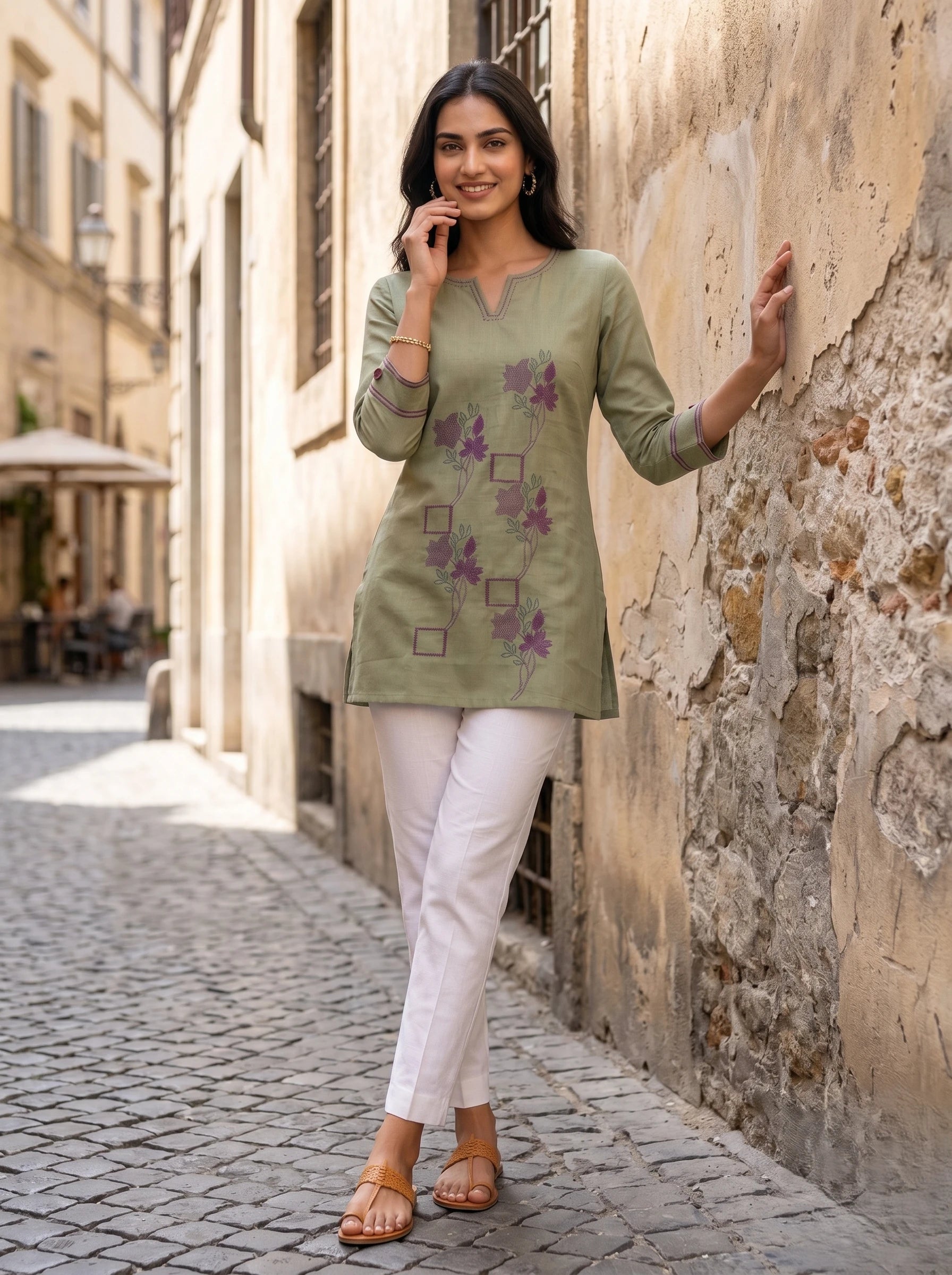 PISTA GREEN SEQUIN NECK EMBROIDERED COTTON KURTI