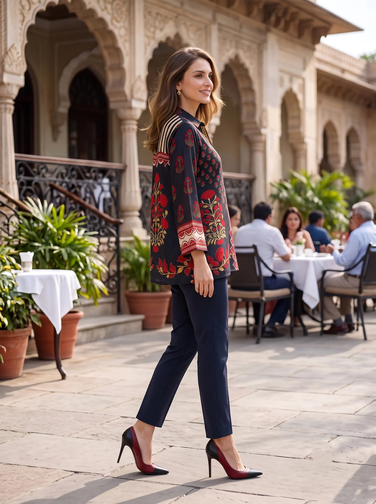 BLACK AND RED FLORAL BLOCK PRINT PURE CREPE SHIRT TOP