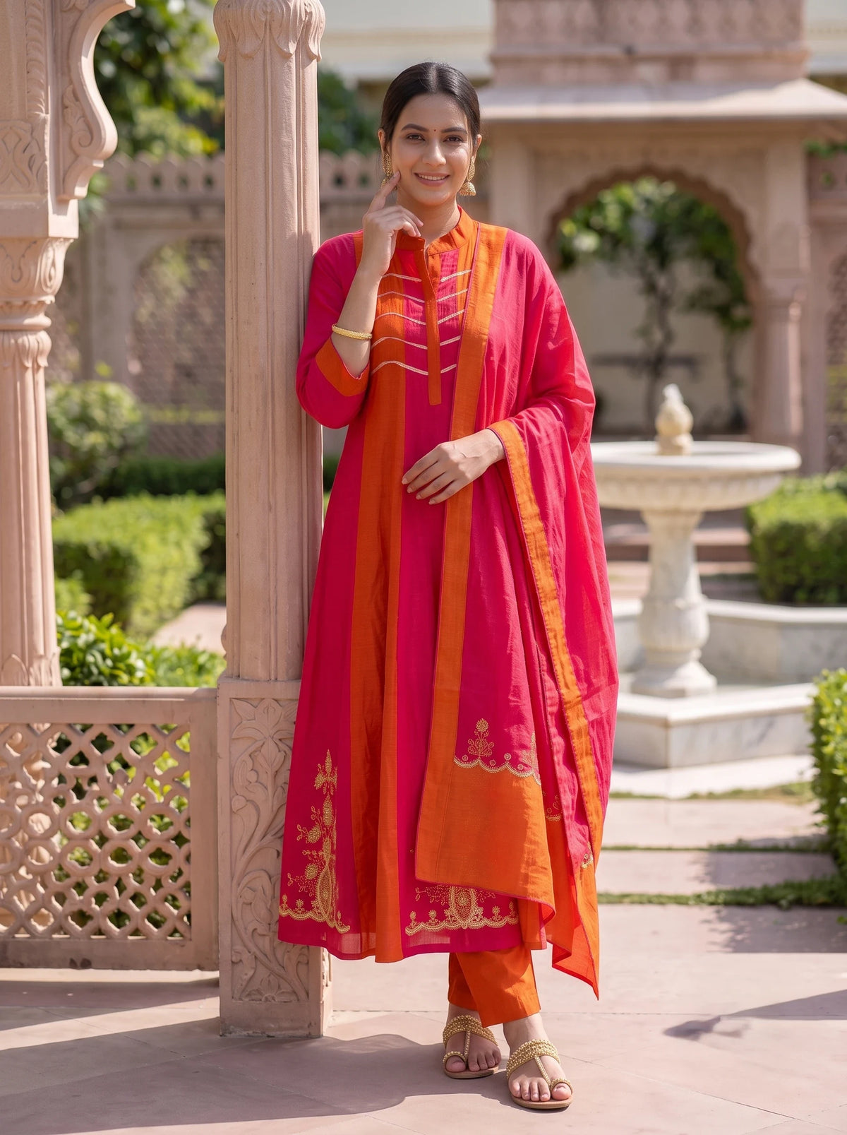 ORANGE PINK FESTIVE HAND EMBROIDERED MUL CHANDERI ANARKALI SUIT SET